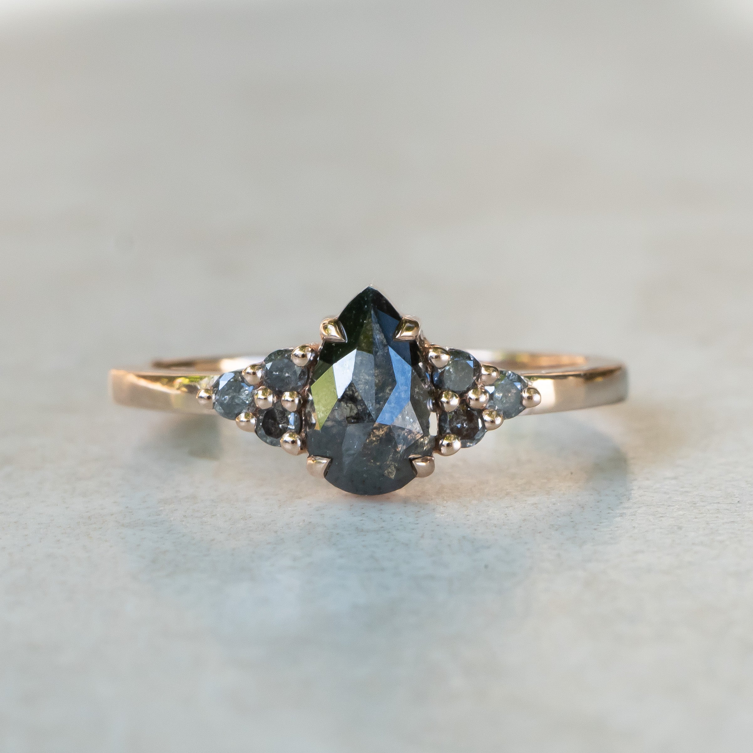 Pear Salt and Pepper Diamond Ring with Cluster Accents, Rose Gold