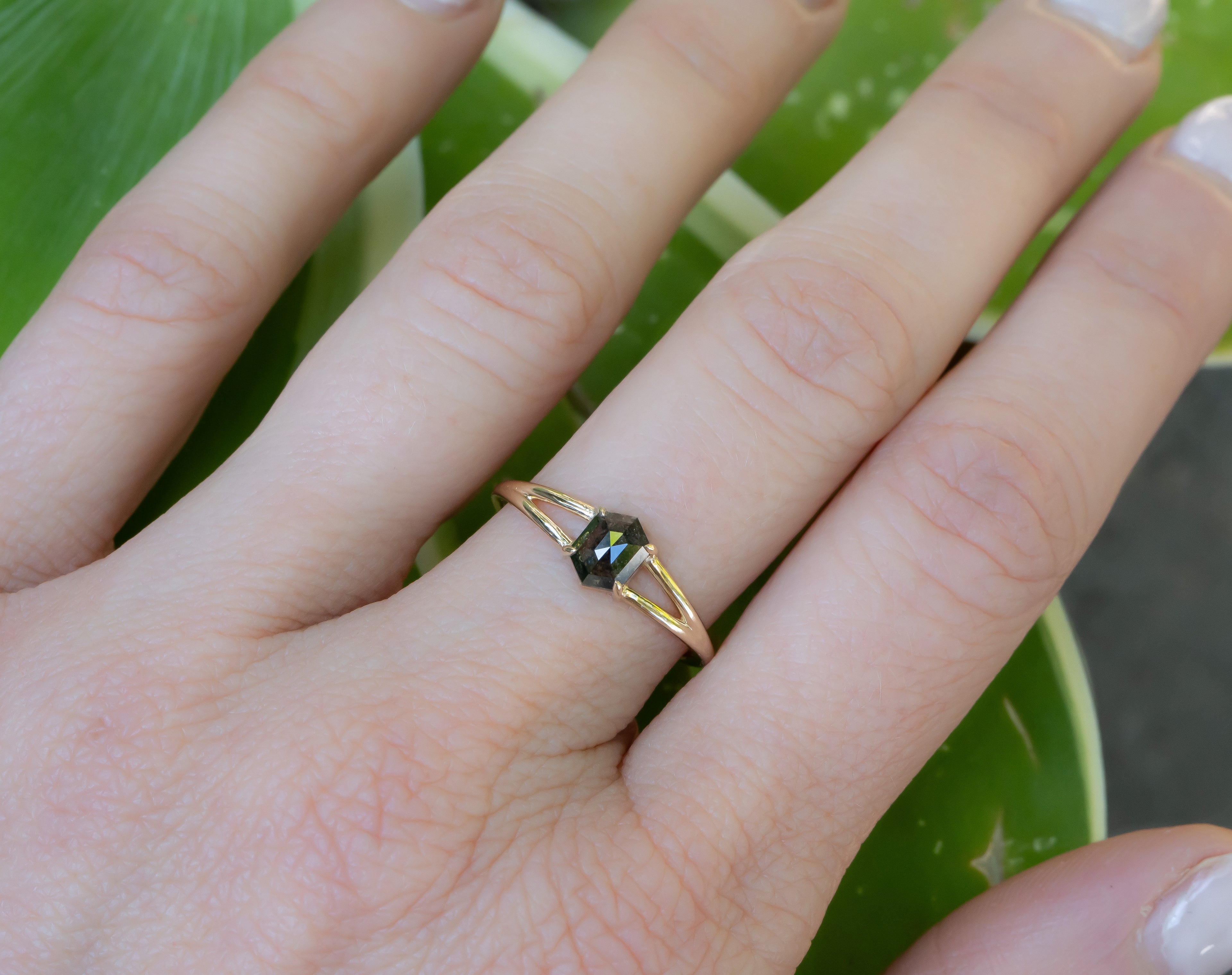 Salt and Pepper Hexagon Diamond Ring