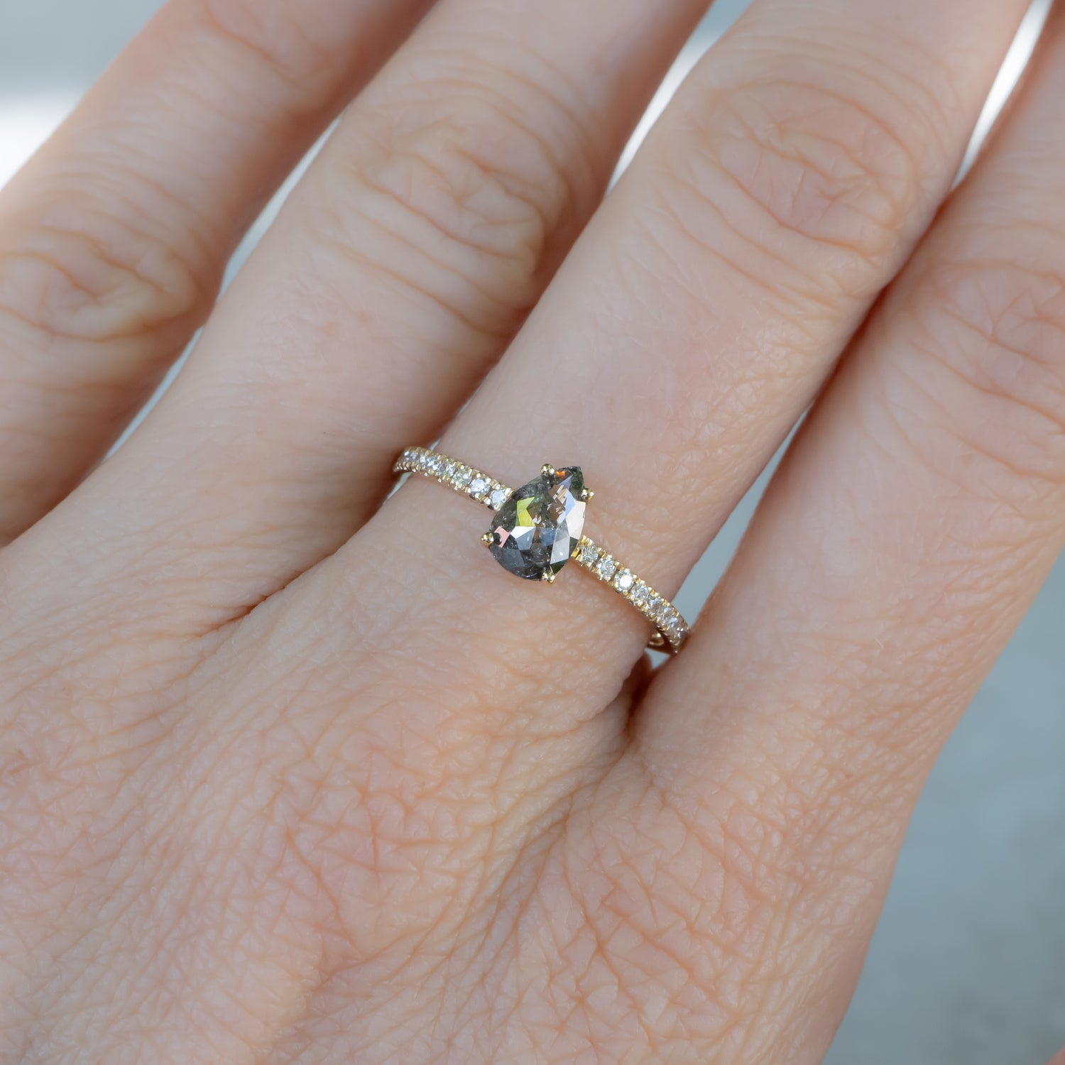 0.63 Carat Salt and Pepper Pear Diamond Ring with Pavé Band