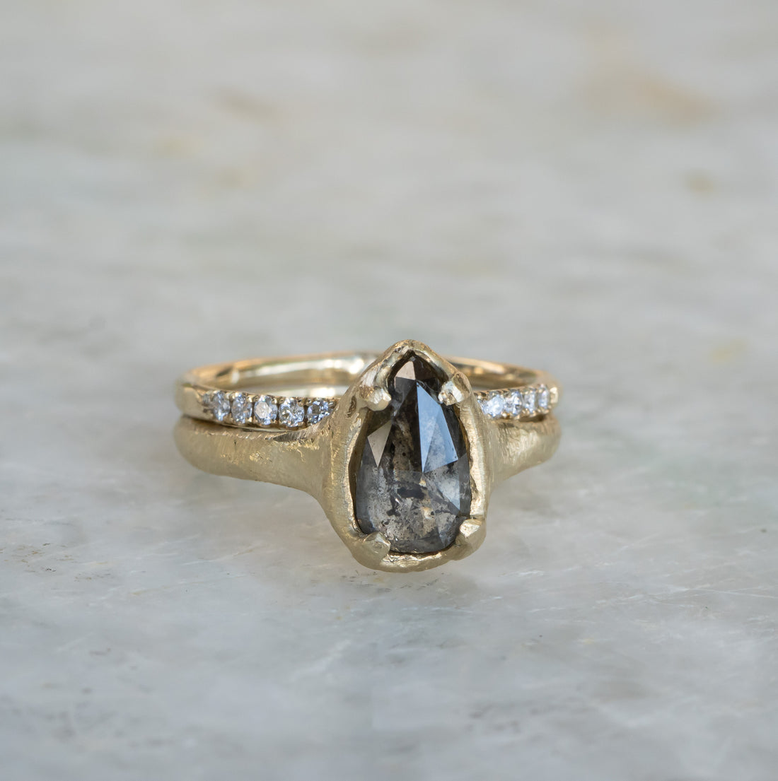 Salt and Pepper Pear Diamond Ring, Hand Carved Boulder Setting - mossNstone