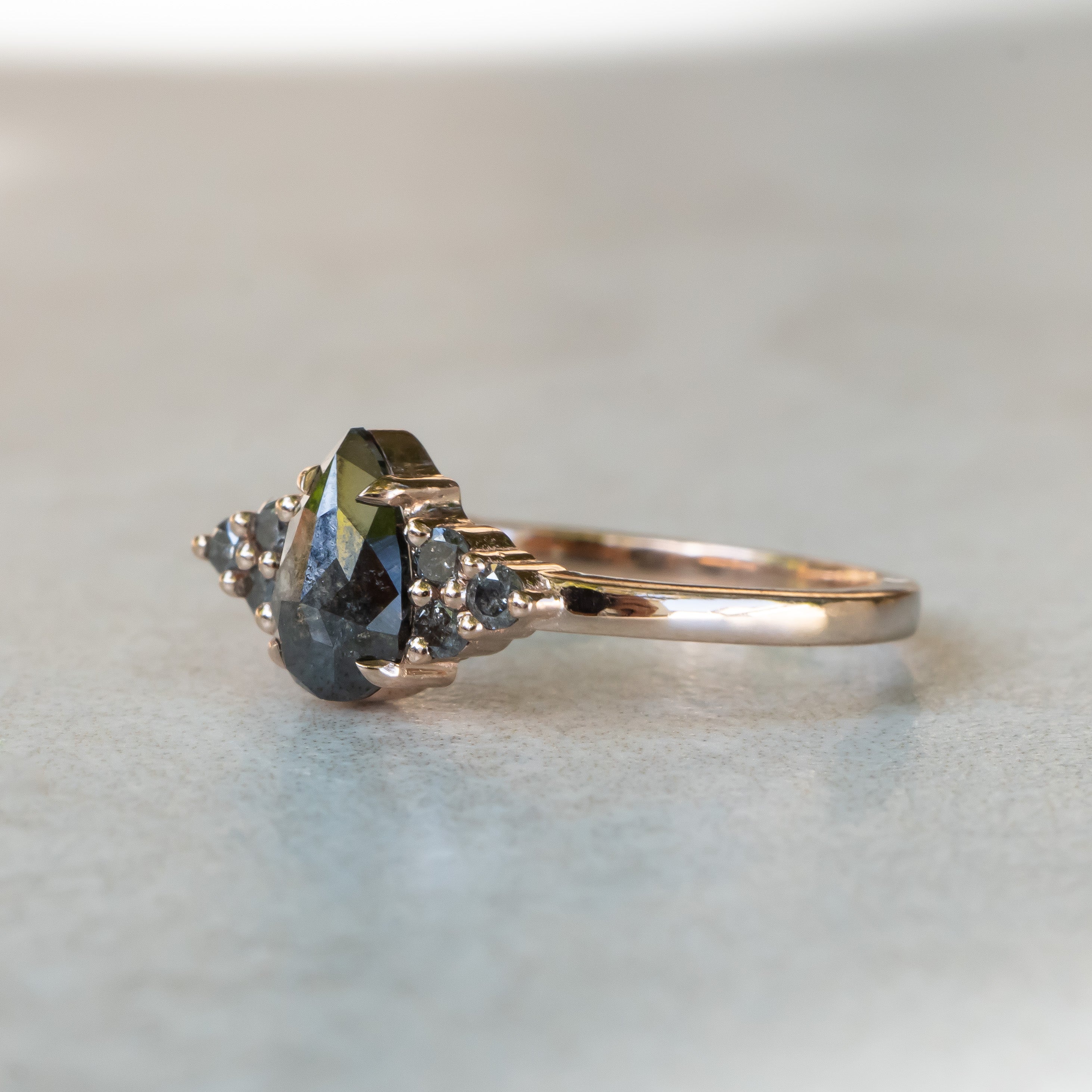 Pear Salt and Pepper Diamond Ring with Cluster Accents, Rose Gold
