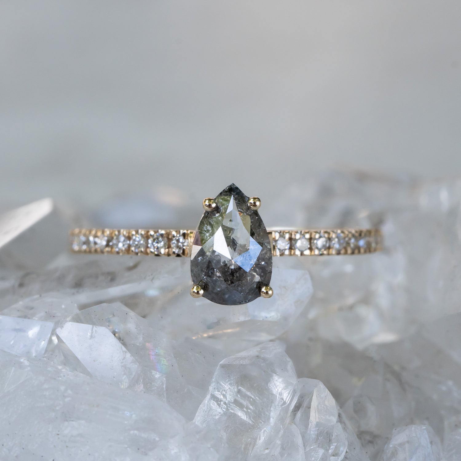 0.63 Carat Salt and Pepper Pear Diamond Ring with Pavé Band