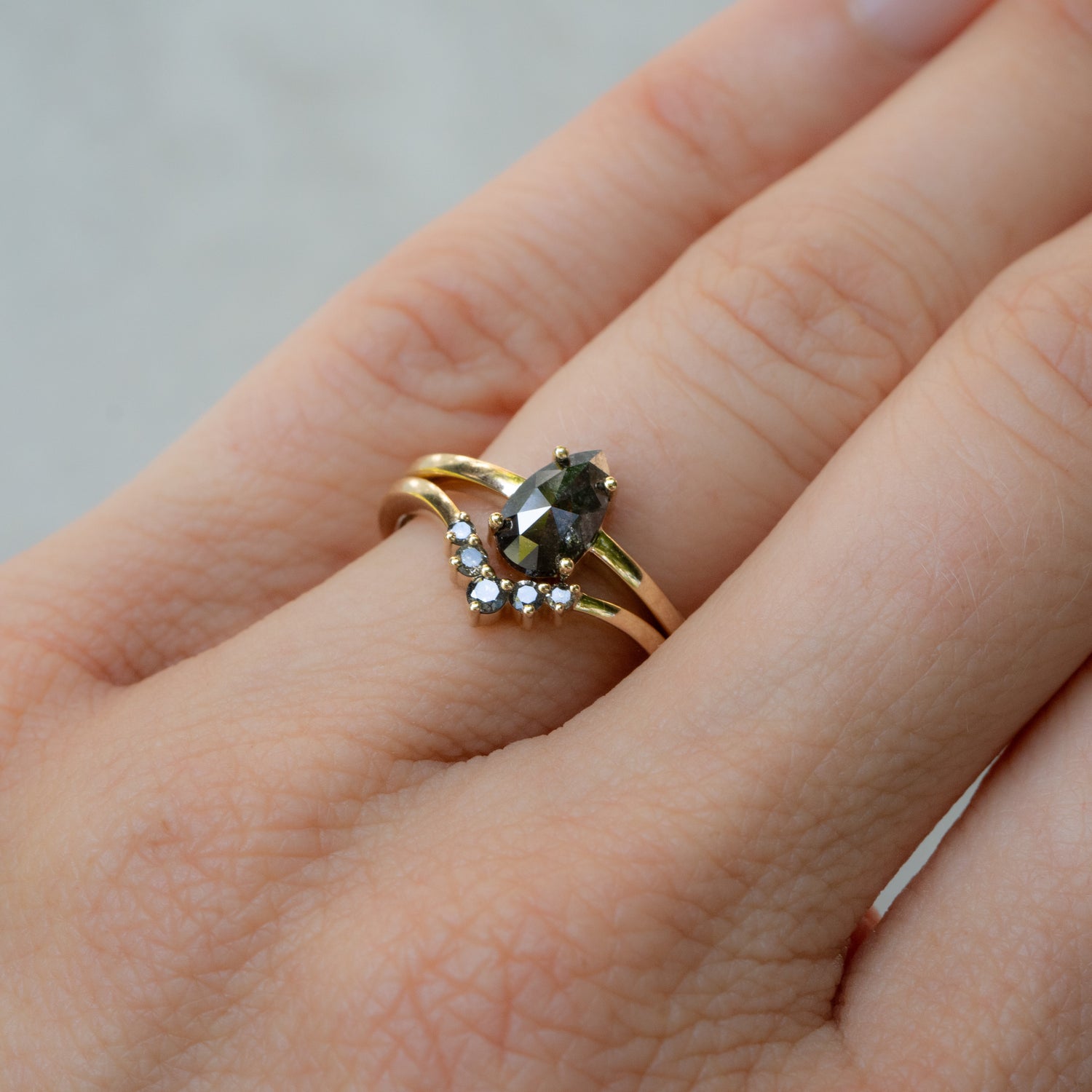 Salt and Pepper Pear Diamond Ring set with stacking band