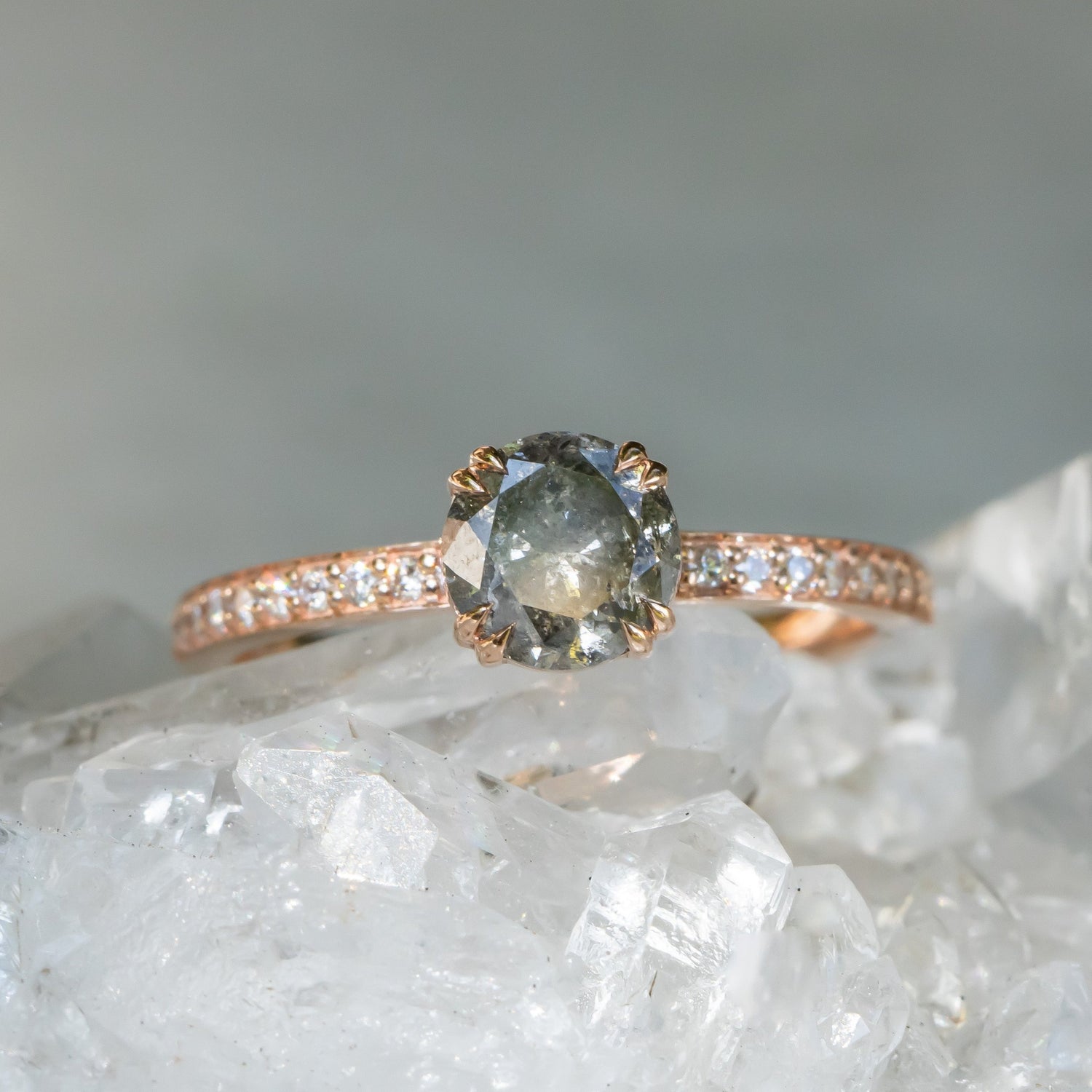 Brilliant Cut Salt And Pepper Diamond Ring. 14k Rose Gold, Pavé Diamond Band