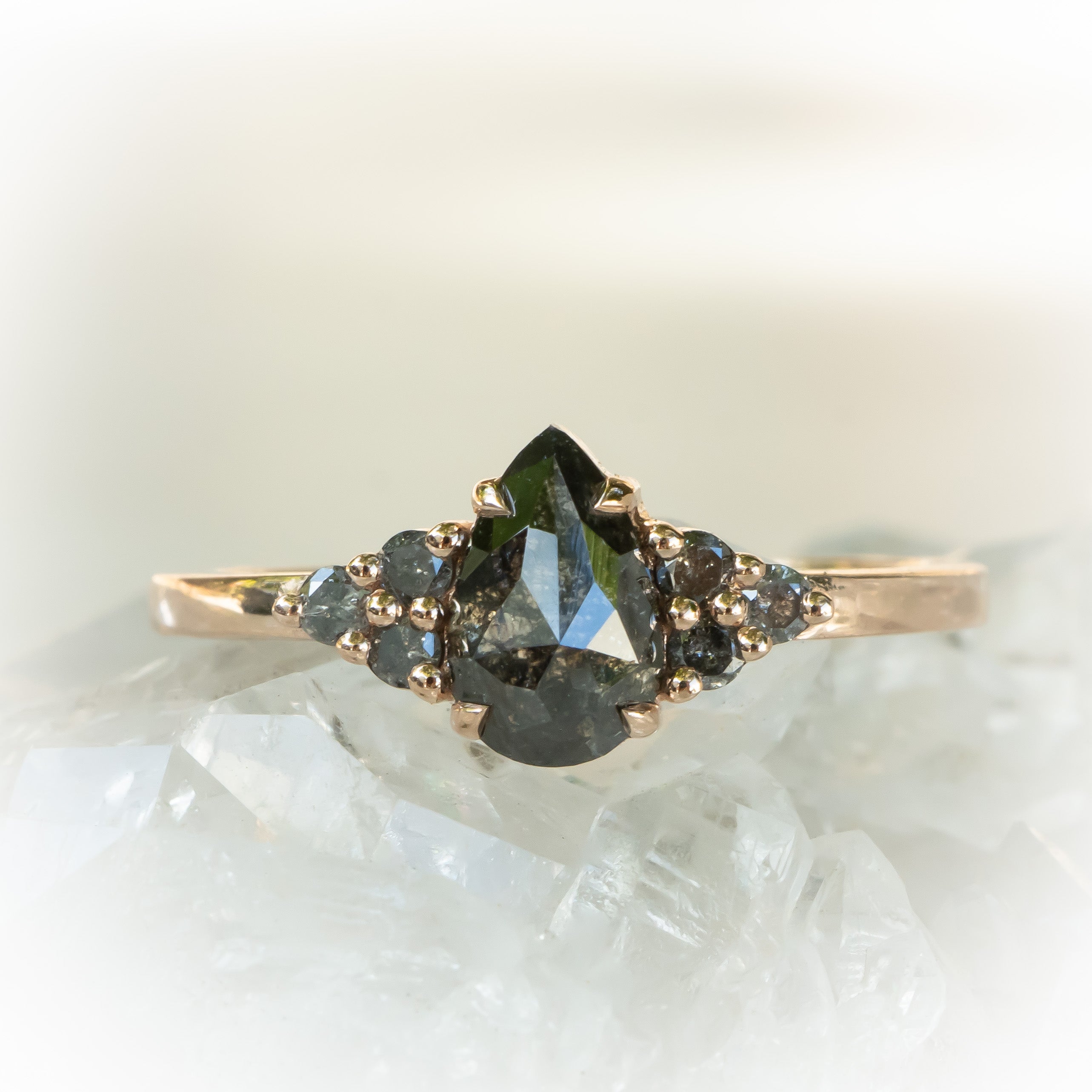 Pear Salt and Pepper Diamond Ring with Cluster Accents, Rose Gold