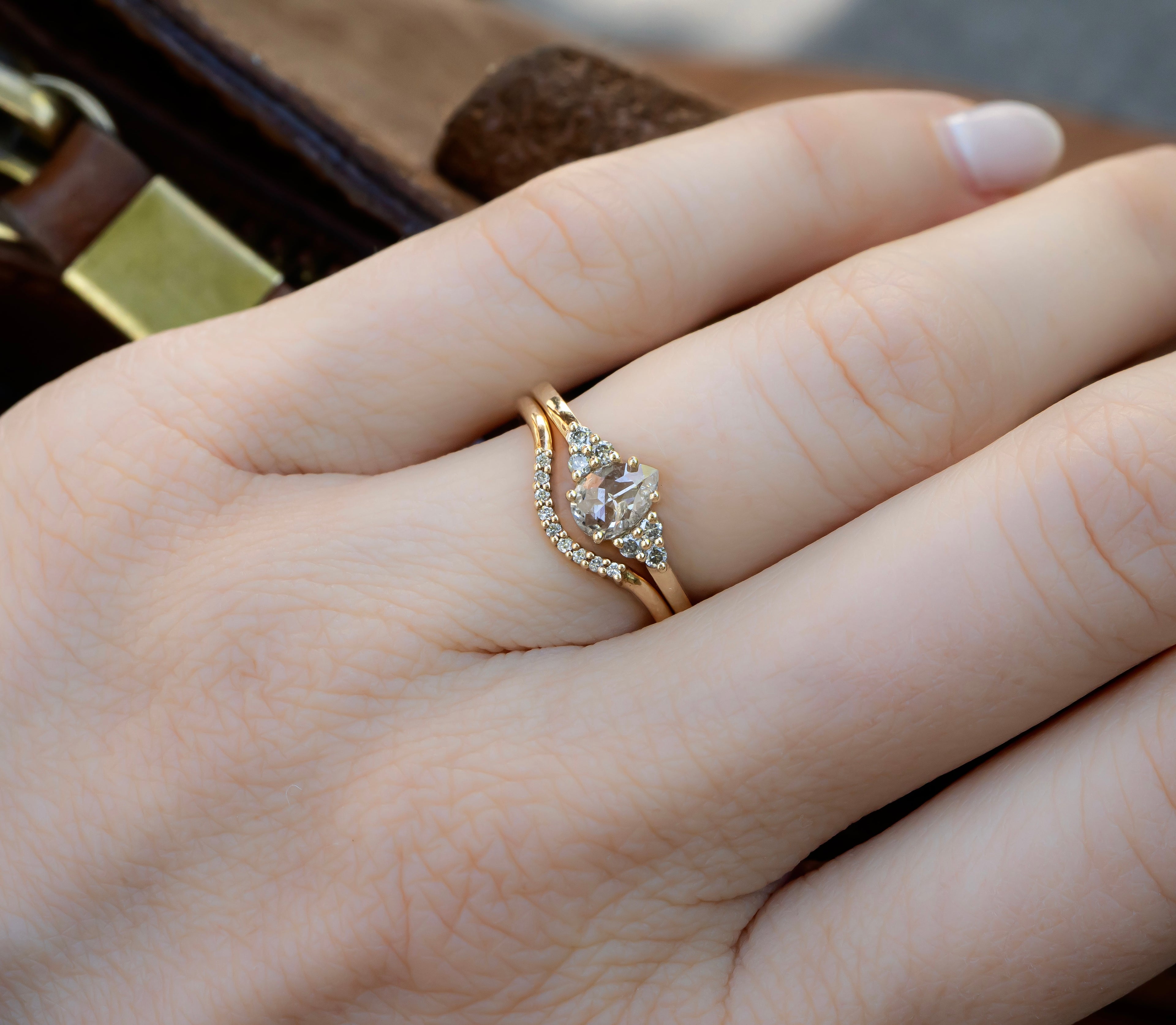 Icy White Pear Diamond Ring with Cluster Accents - Salt and Pepper Diamond Ring- mossNstone