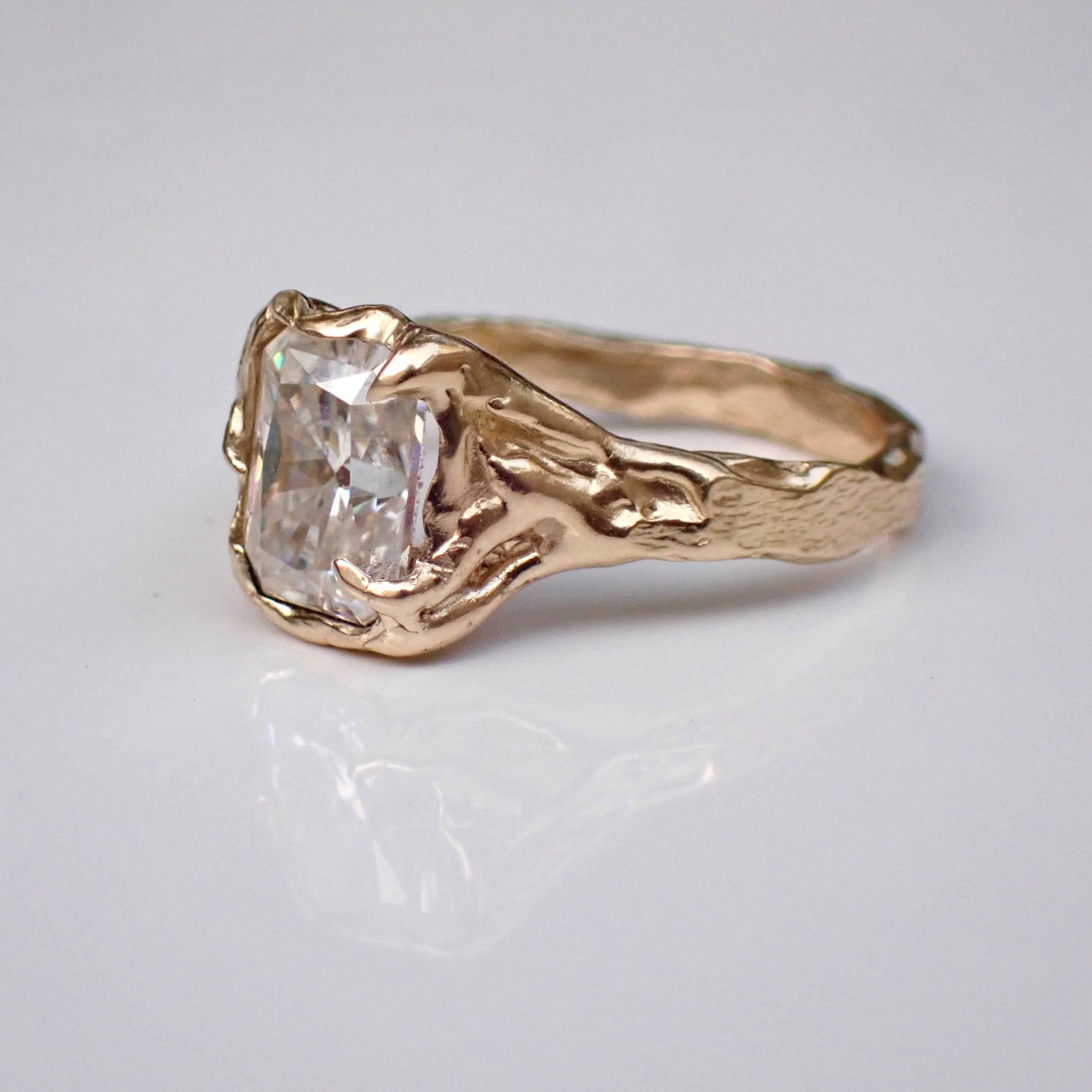 molten gold diamond ring, melted gold radiant cut, tree branch diamond ring, large chunky diamond ring