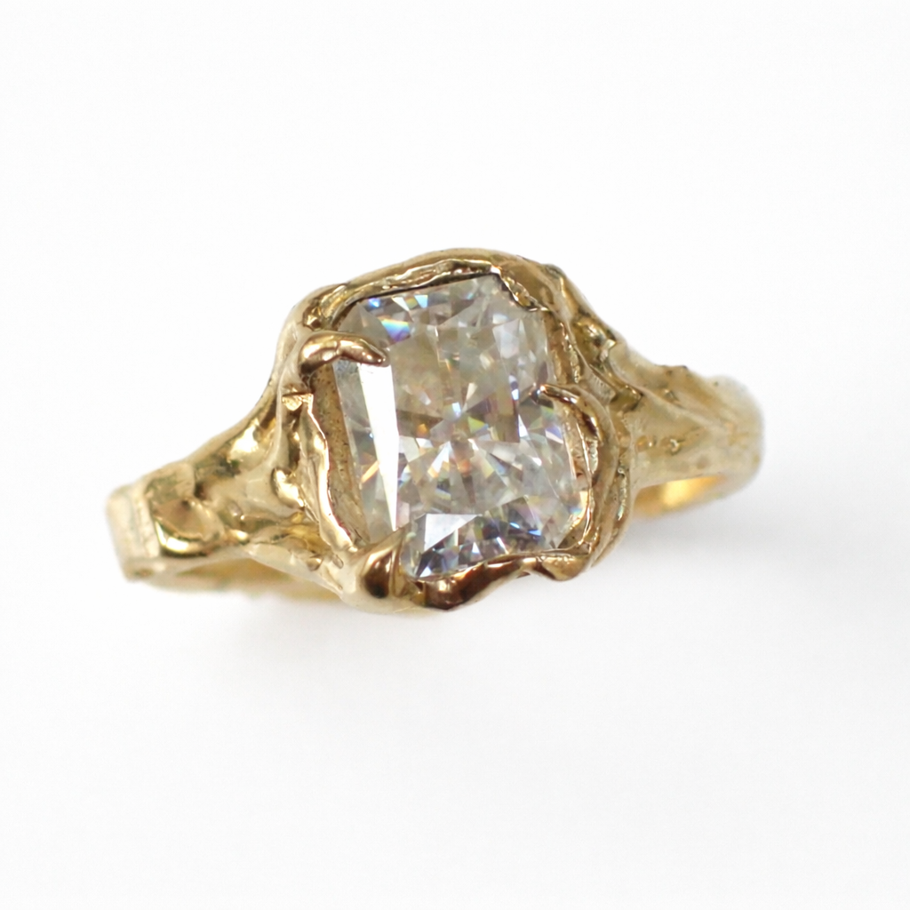 molten gold diamond ring, melted gold radiant cut, tree branch diamond ring, large chunky diamond ring