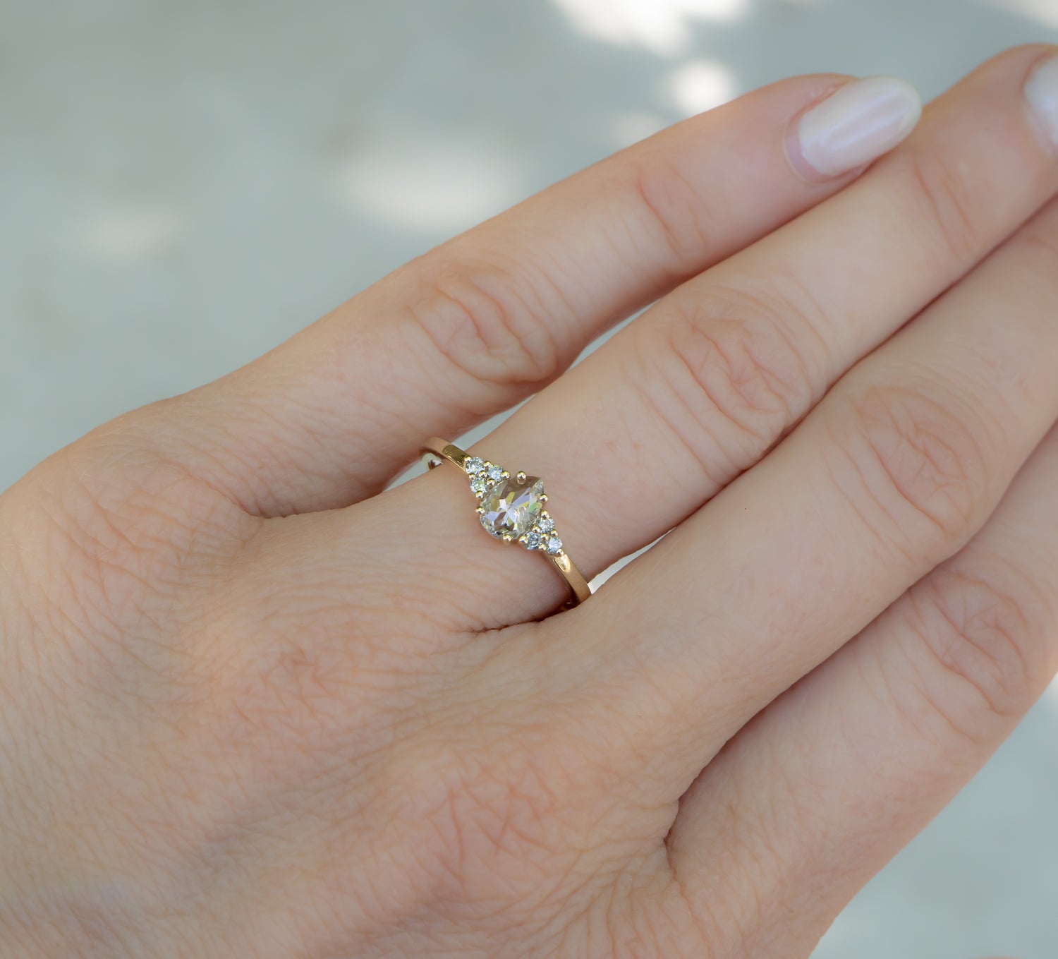 Icy White Pear Diamond Ring with Cluster Accents - Salt and Pepper Diamond Ring- mossNstone
