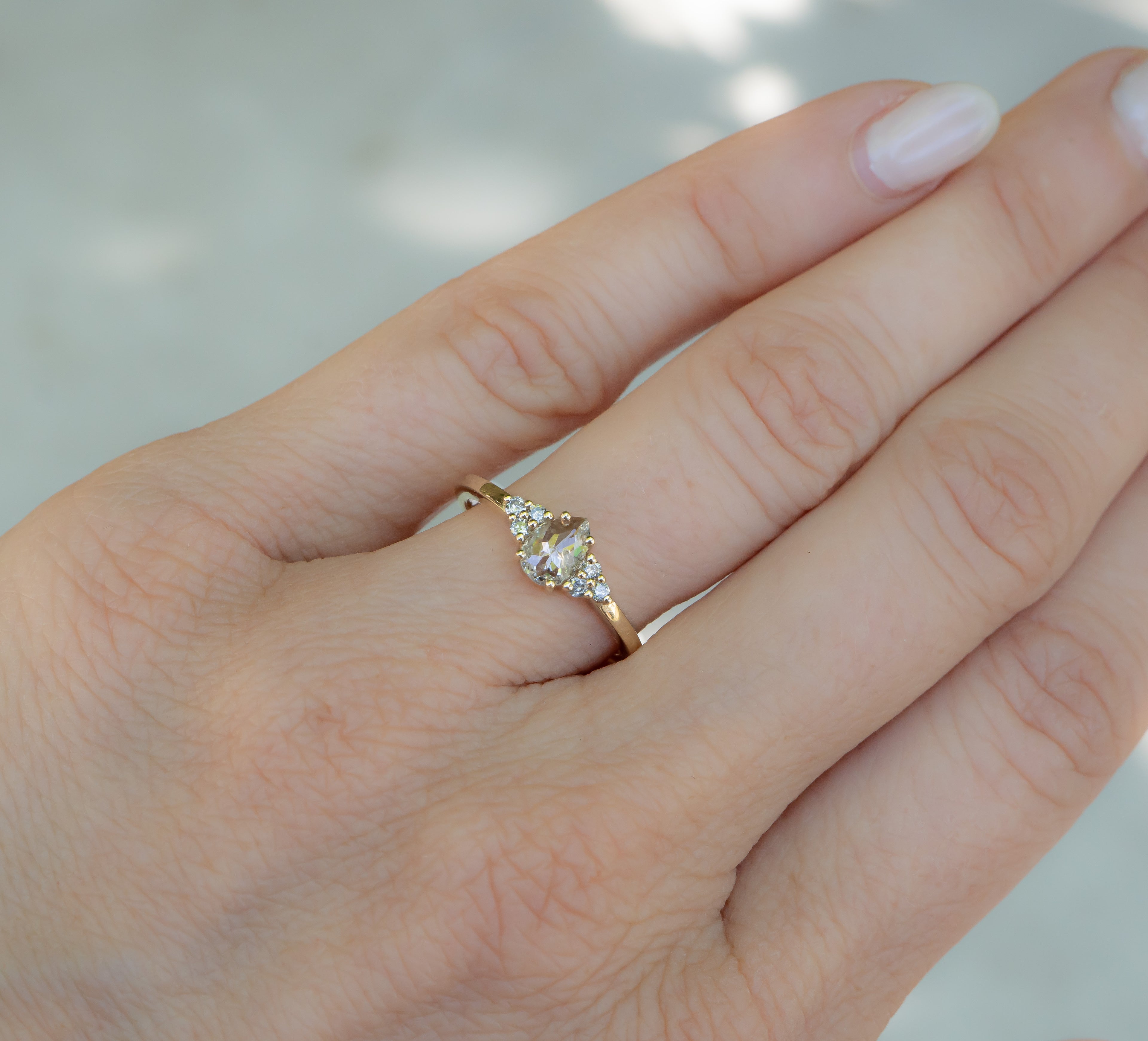 Icy White Pear Diamond Ring with Cluster Accents - Salt and Pepper Diamond Ring- mossNstone