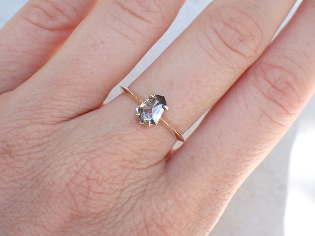 Custom Shield Cut Salt and Pepper Diamond Ring