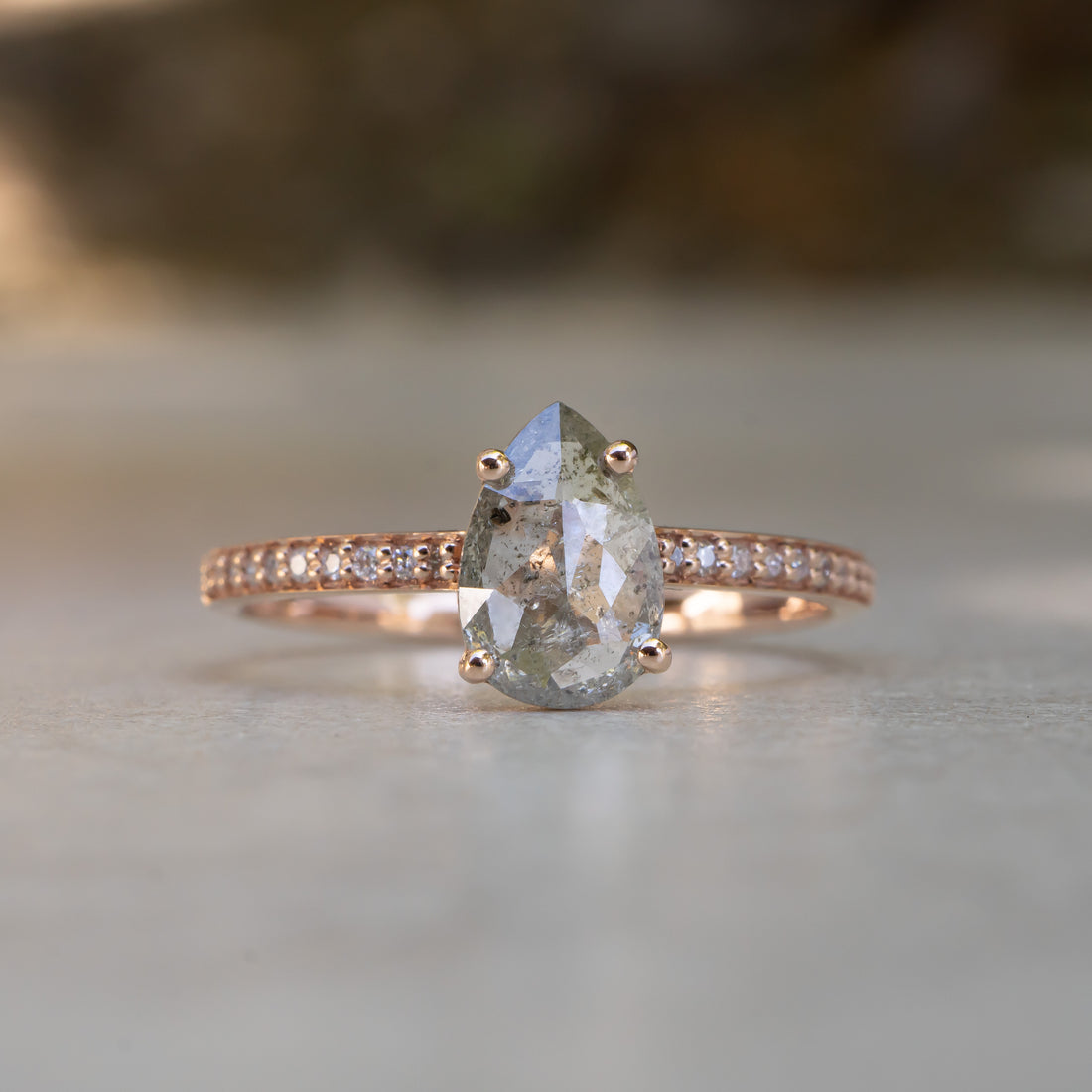 Icy White Salt and Pepper Pear Diamond Ring in Rose Gold, with Pavé Band