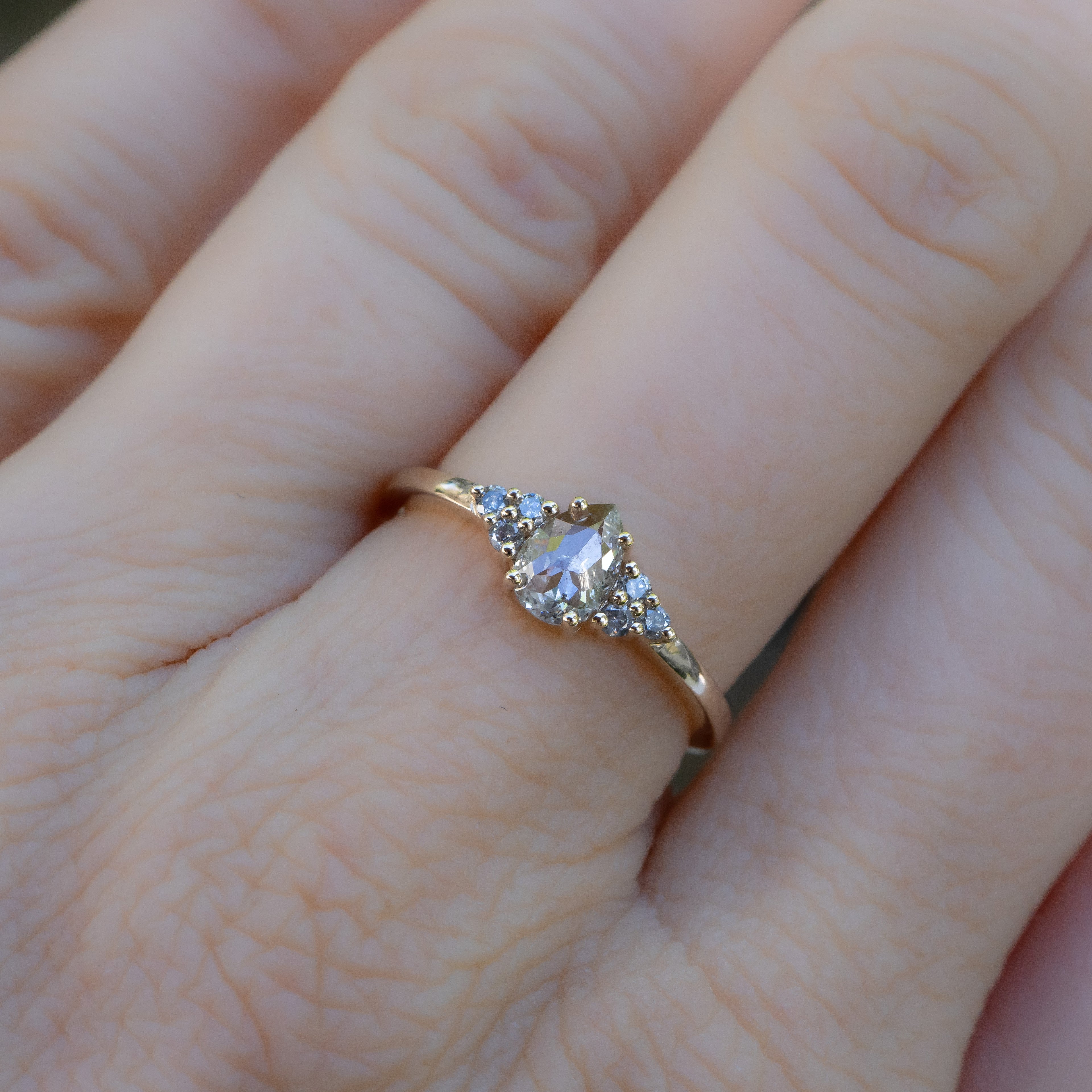 Icy White Pear Diamond Ring with Cluster Accents - Salt and Pepper Diamond Ring- mossNstone