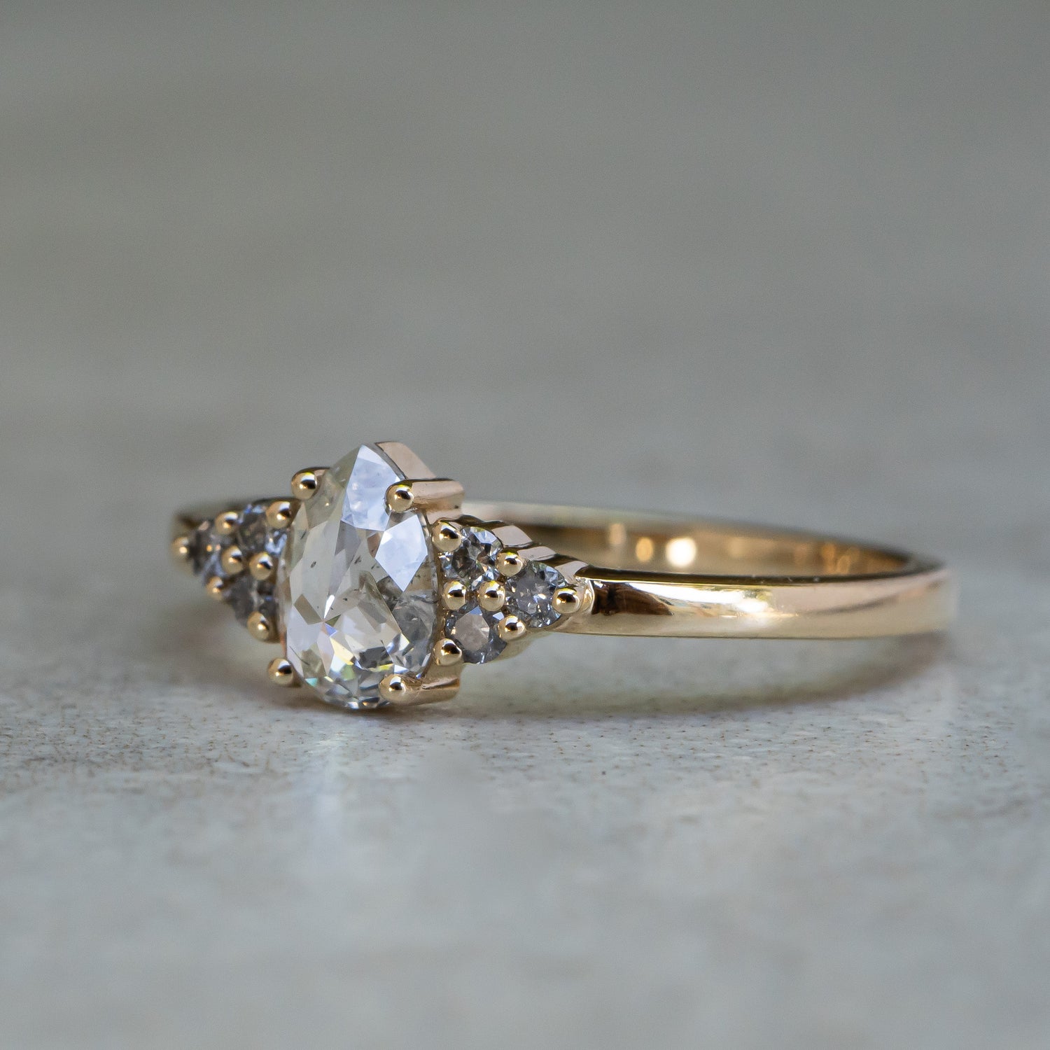 Icy White Pear Diamond Ring with Cluster Accents - Salt and Pepper Diamond Ring- mossNstone