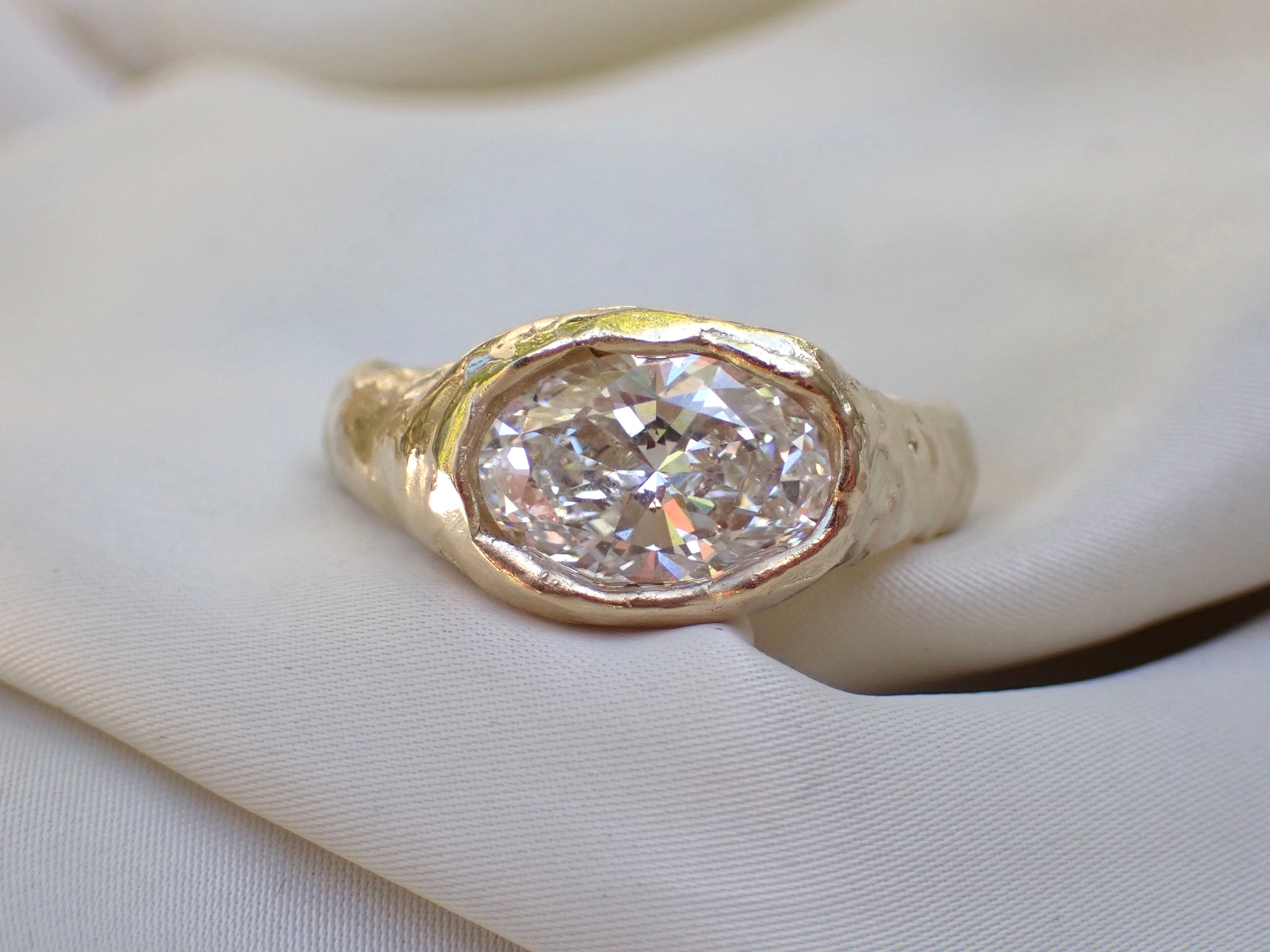 Molten Gold Oval Diamond RIng, Bezel, Signet Oval Diamond Ring, Raw Gold, Organic Gold
