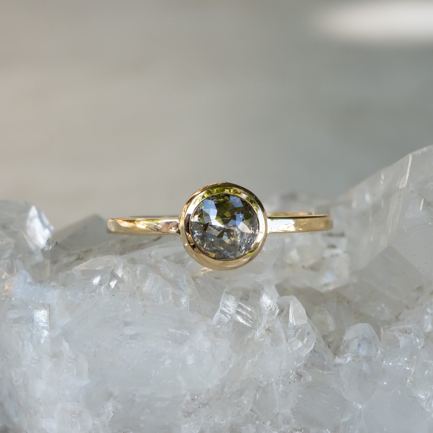 1.0 carat Round Rose Cut Salt and Pepper Diamond Ring, Bezel Setting