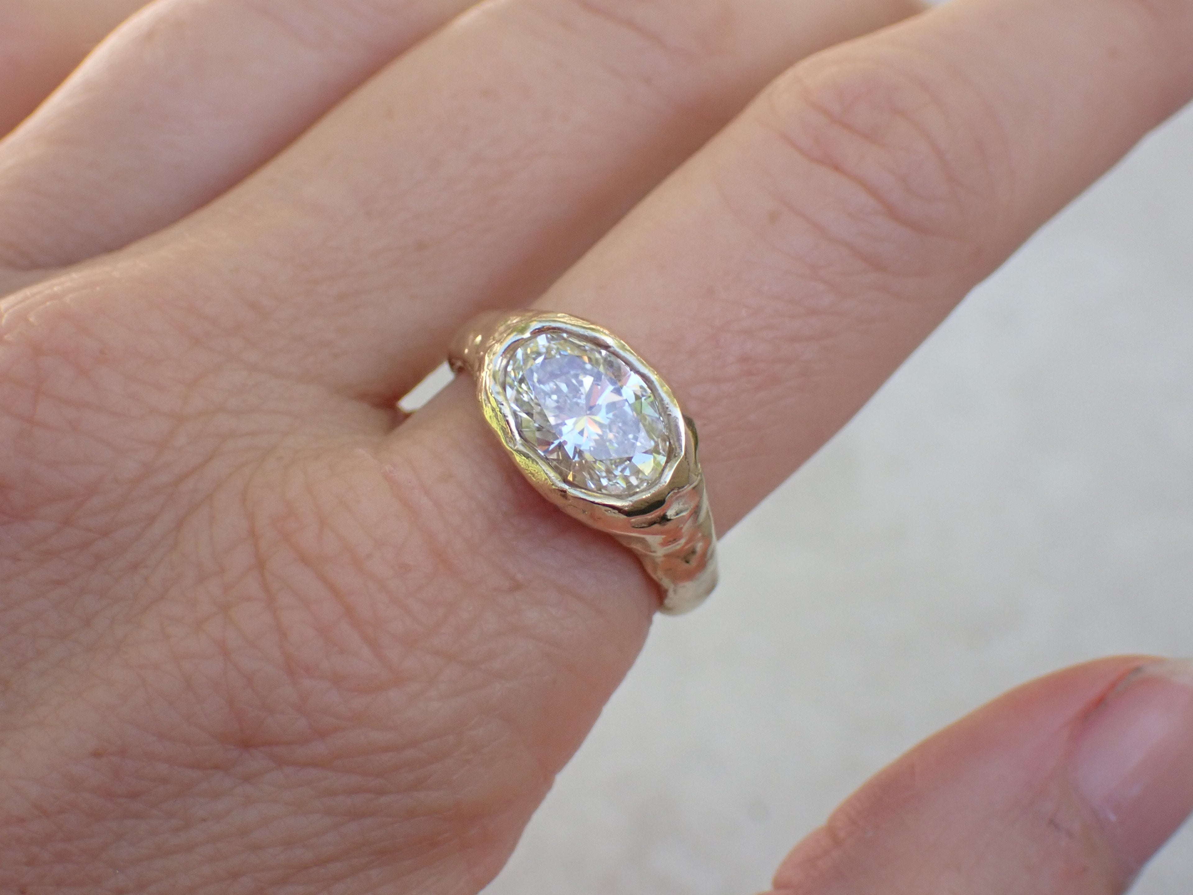 Oval melted diamond ring, melted gold oval diamond ring