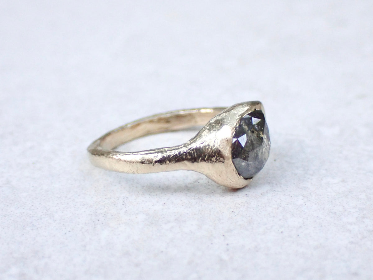 Slanted Pear, Salt and Pepper Signent Style Diamond Engagement Ring in Raw Gold