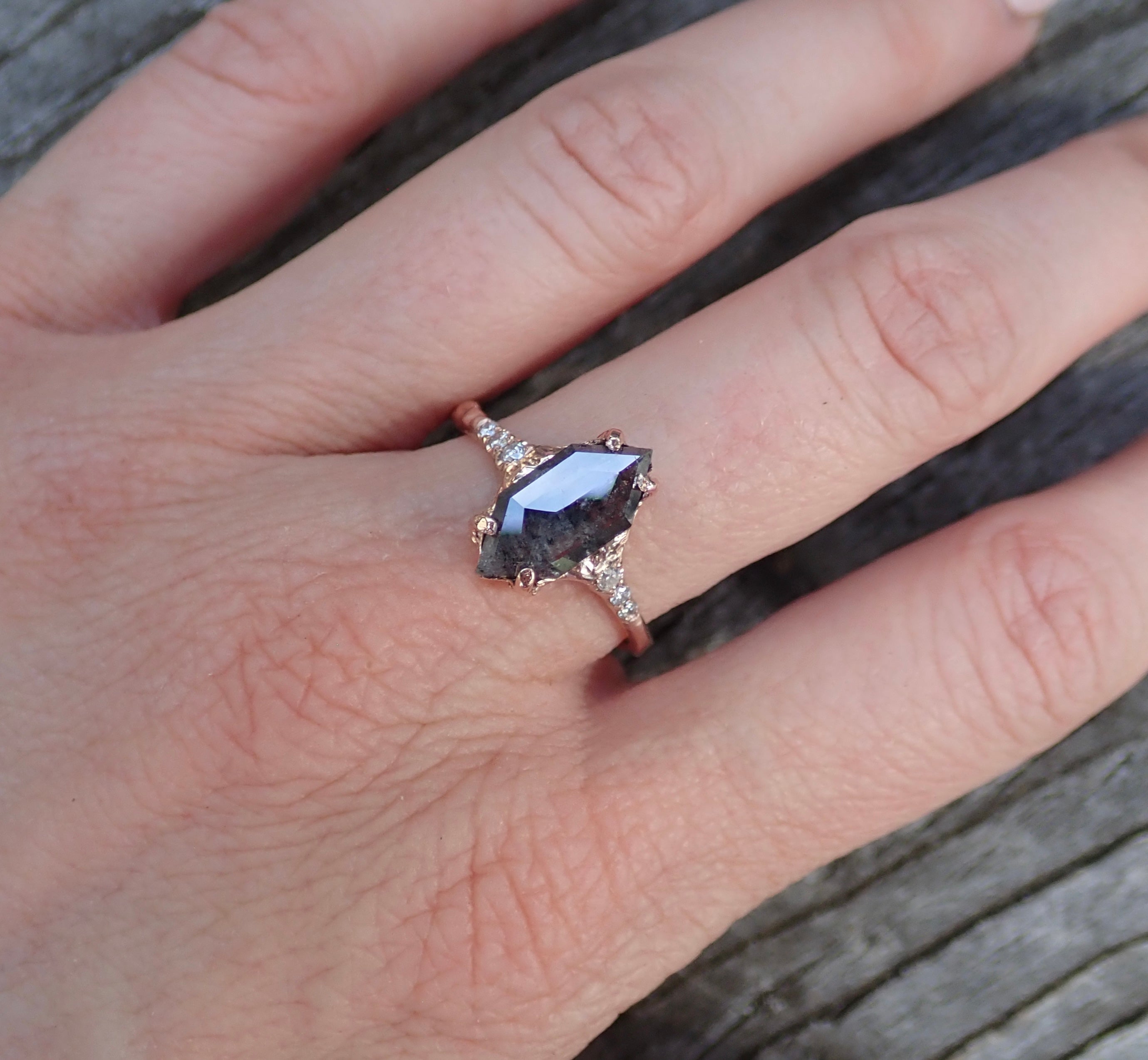 Custom Salt and Pepper Elongated Hexagon Diamond Ring, Hand Carved Setting