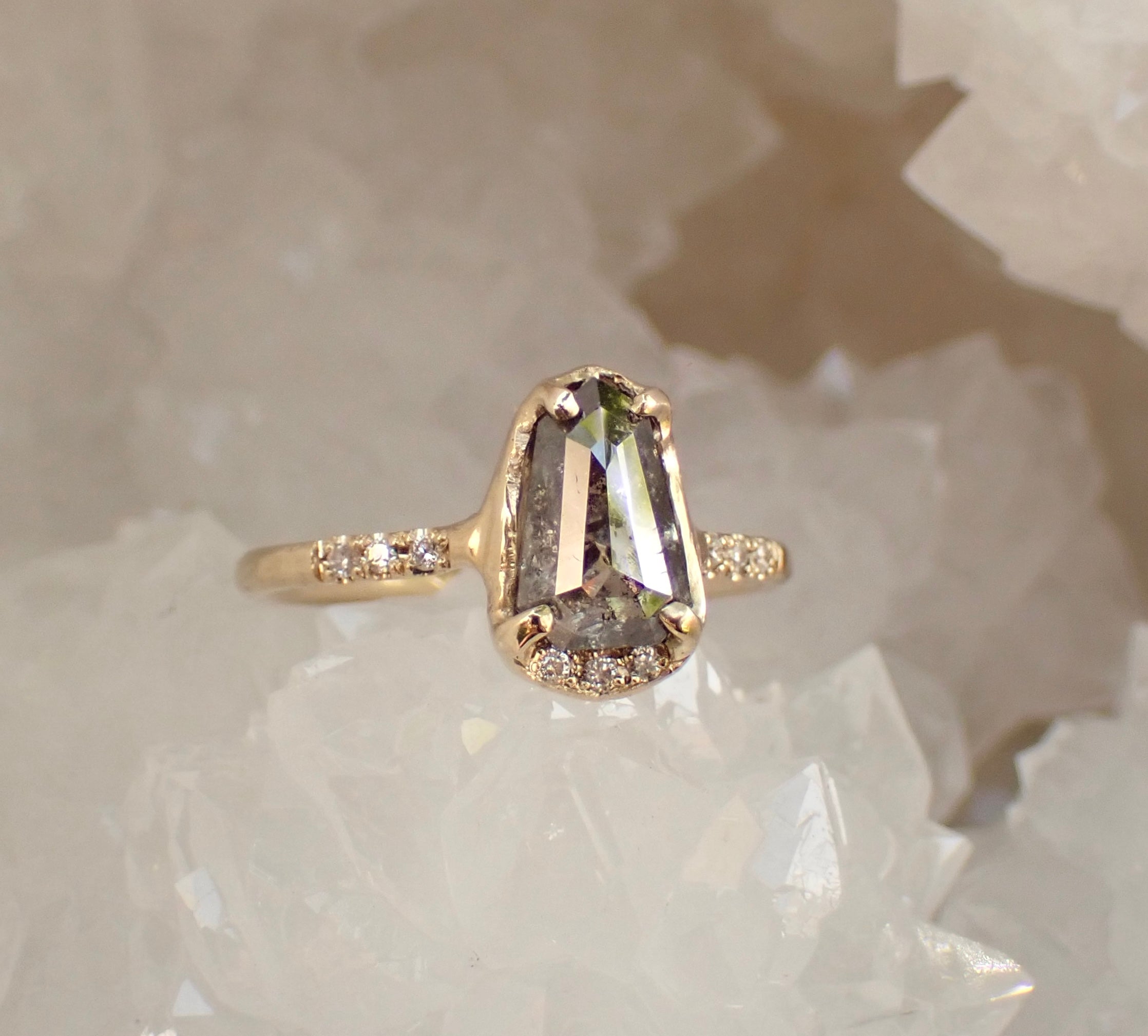 Salt and Pepper Shield Cut Diamond, Custom 14k Hand Carved Setting