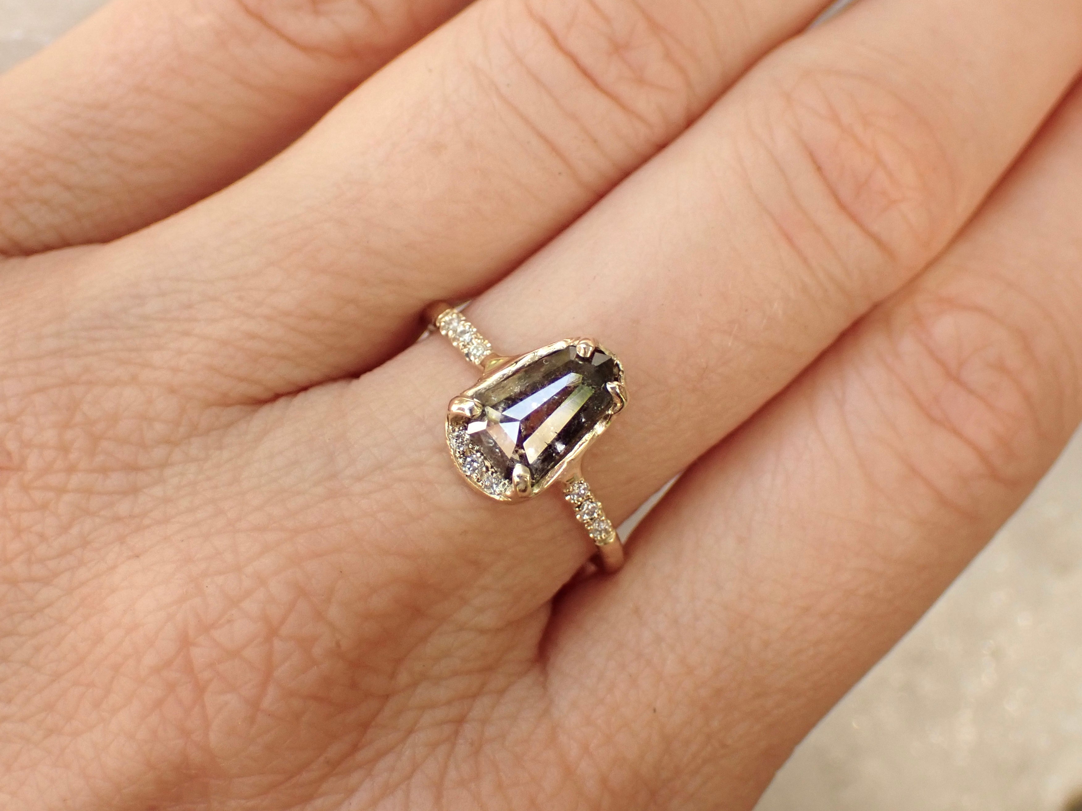 Salt and Pepper Shield Cut Diamond, Custom 14k Hand Carved Setting