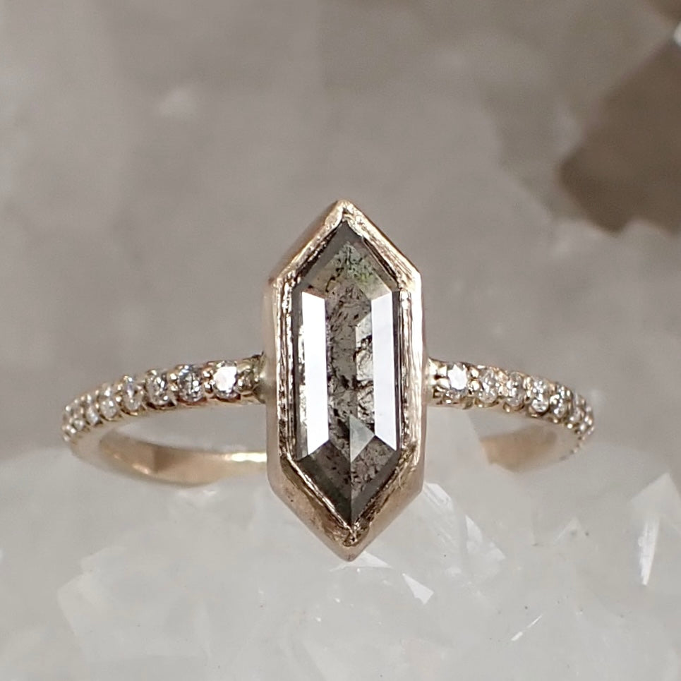 Custom: Elongated Hexagon Cut, Salt and Pepper Diamond Engagement Ring
