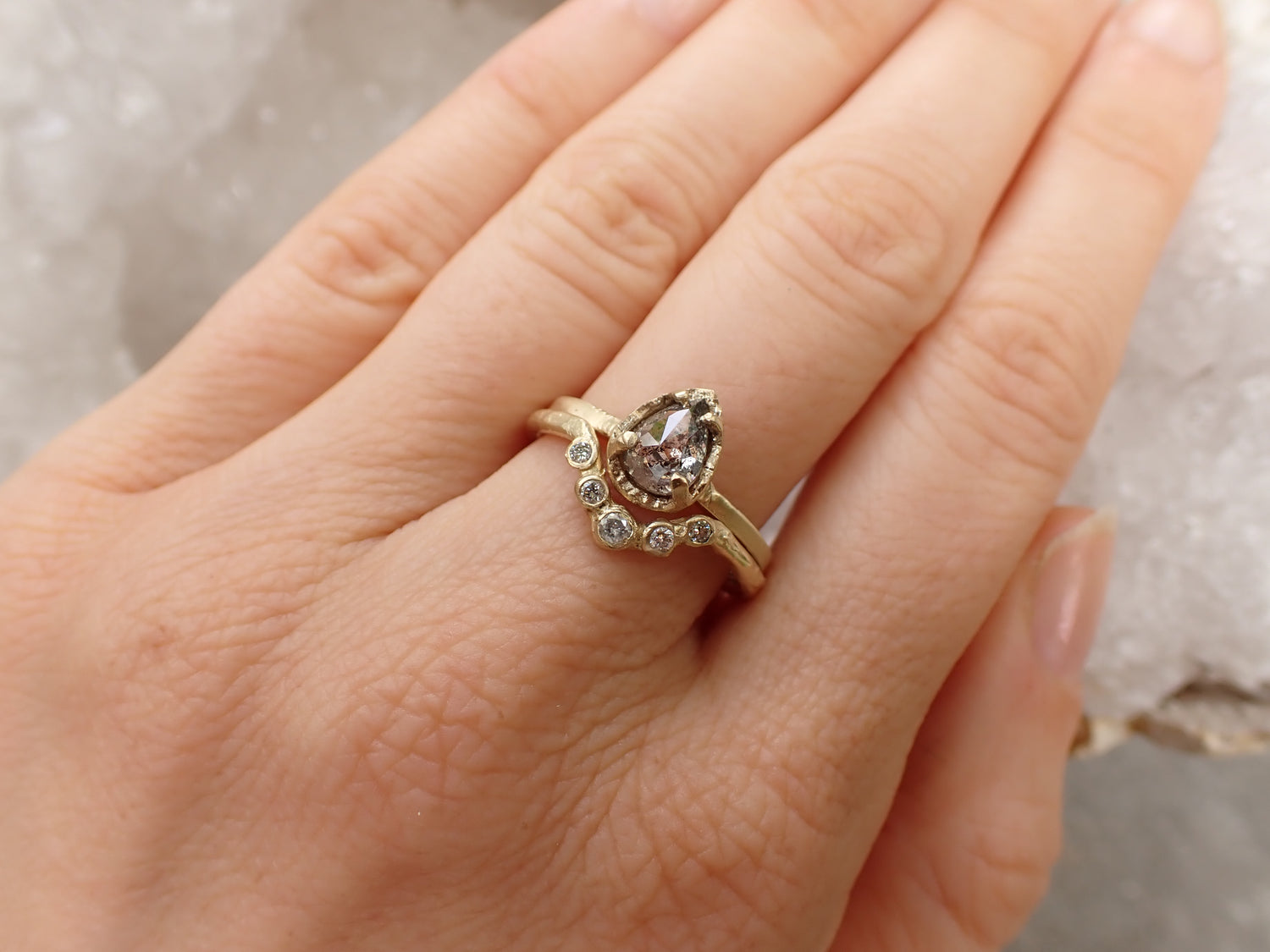 Hand carved 5 diamond Arc ring