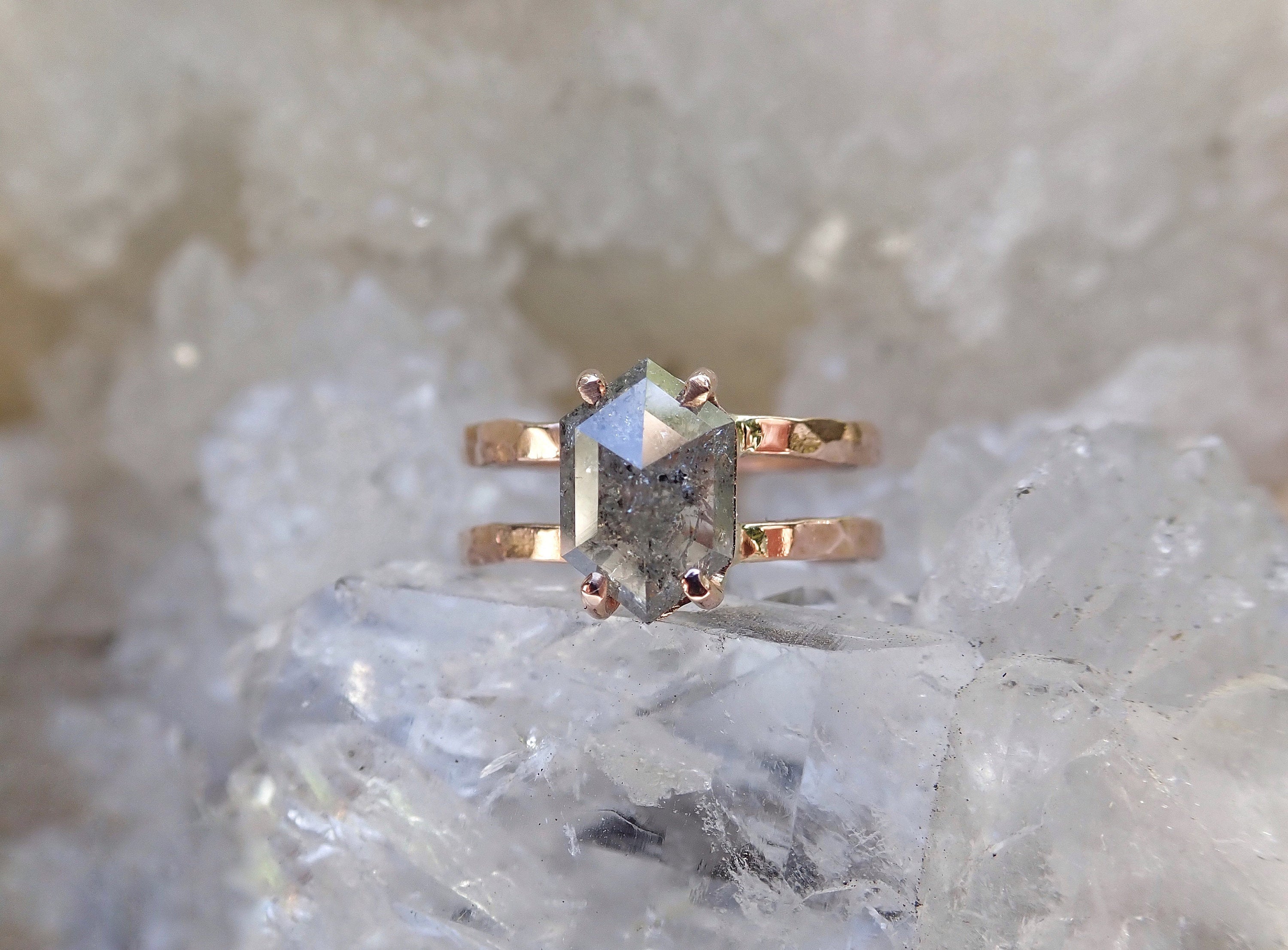 Custom Order for Megan- Elongated Hexagon Cut, Salt and Pepper Diamond Engagement Ring - mossNstone