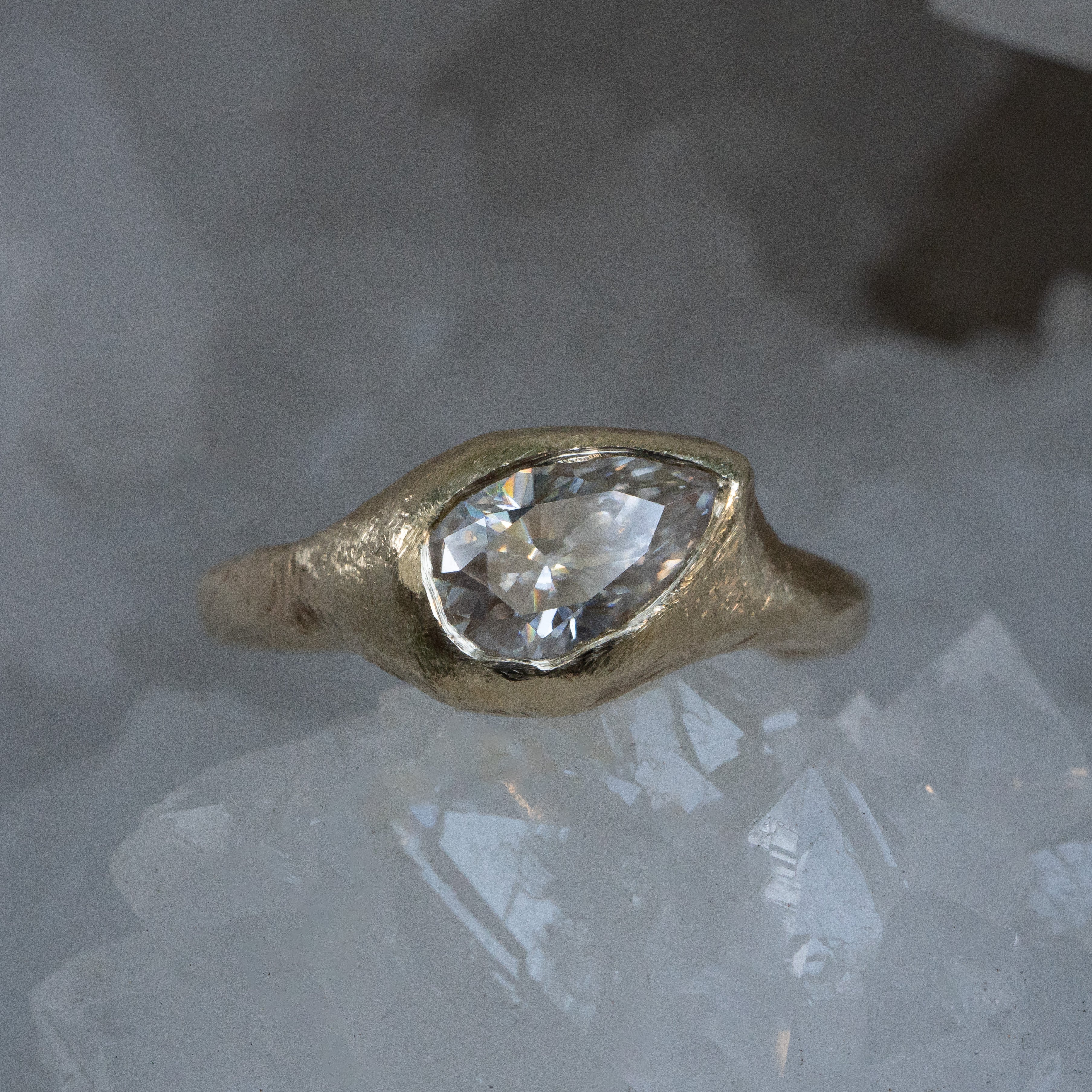 Slanted Pear, Signent Style Diamond Engagement Ring - Salt and Pepper Diamond Ring- mossNstone