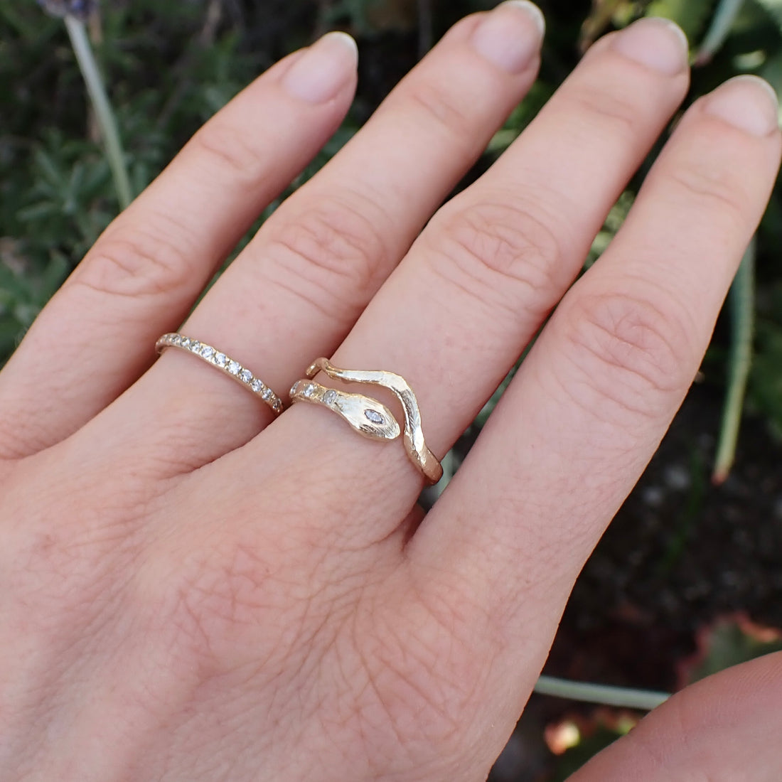 Serpent snake ring, 14k Gold with diamonds - Salt and Pepper Diamond Ring- mossNstone