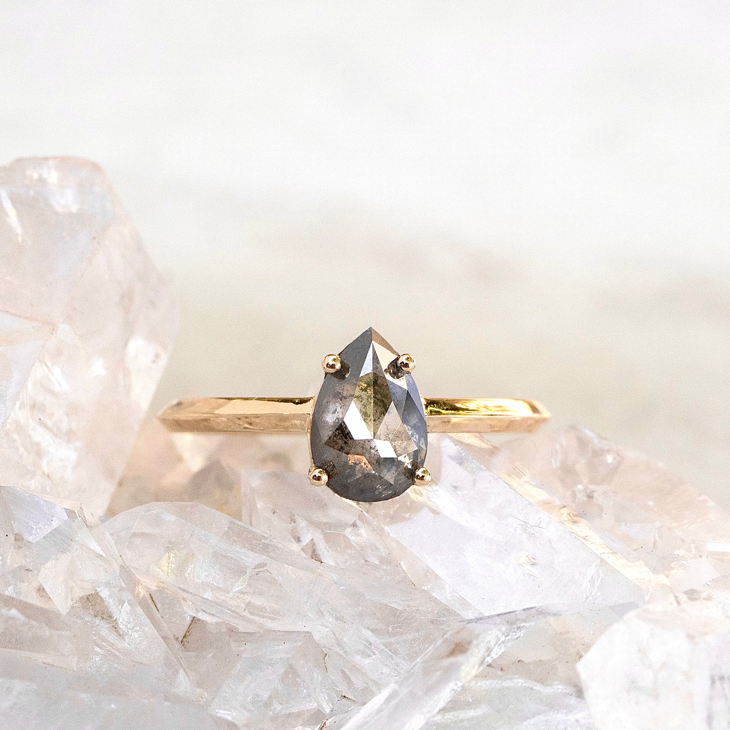 Salt and Pepper Pear Diamond Ring, With Knife Edge Band