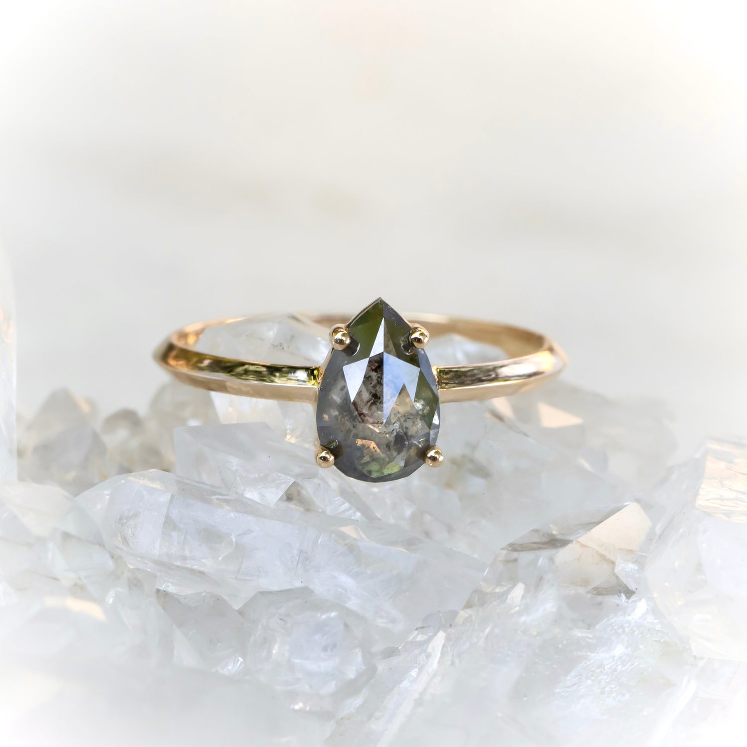 Salt and Pepper Pear Diamond Ring, With Knife Edge Band