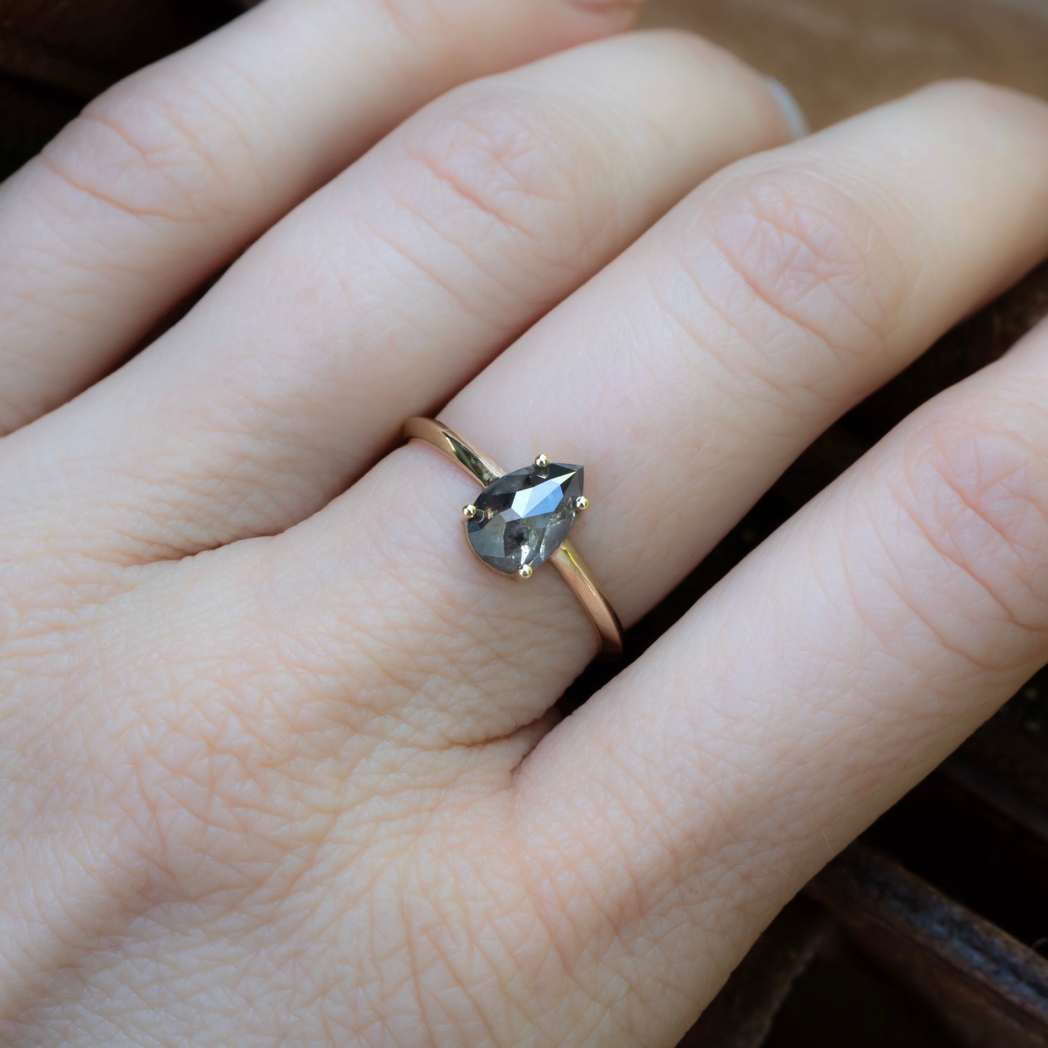Salt and Pepper Pear Diamond Ring, With Knife Edge Band