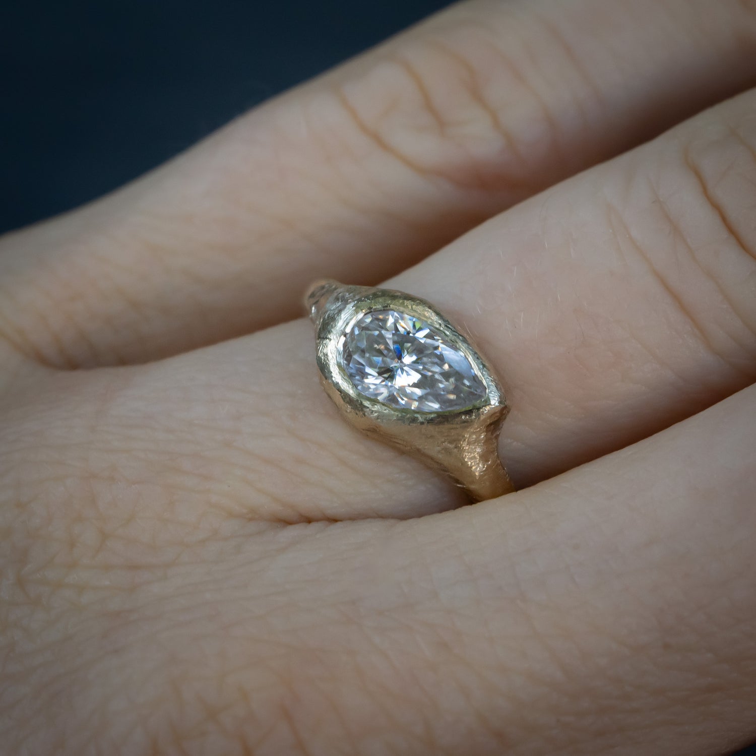 Slanted Pear, Signent Style Diamond Engagement Ring - Salt and Pepper Diamond Ring- mossNstone