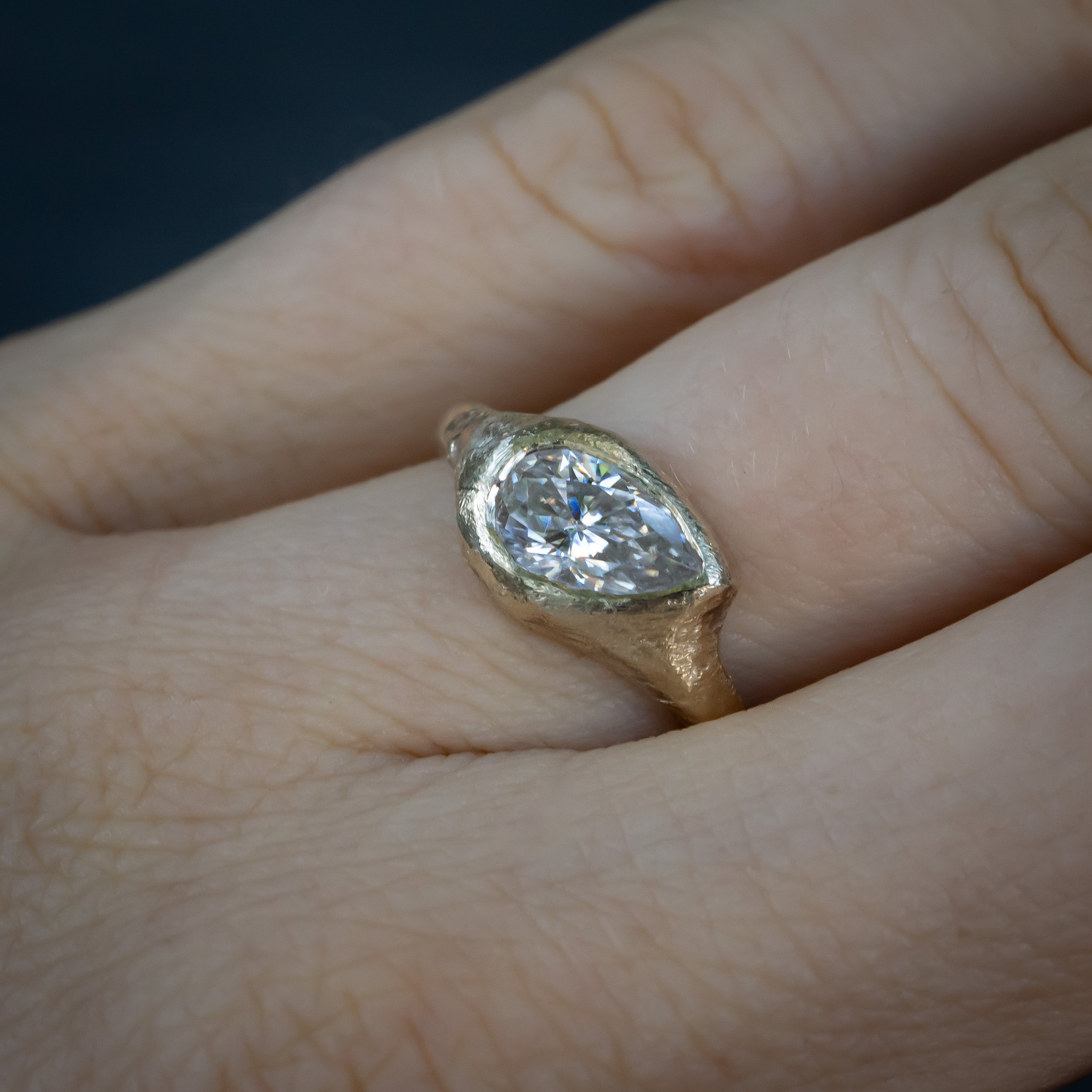 Slanted Pear, Signent Style Diamond Engagement Ring - Salt and Pepper Diamond Ring- mossNstone