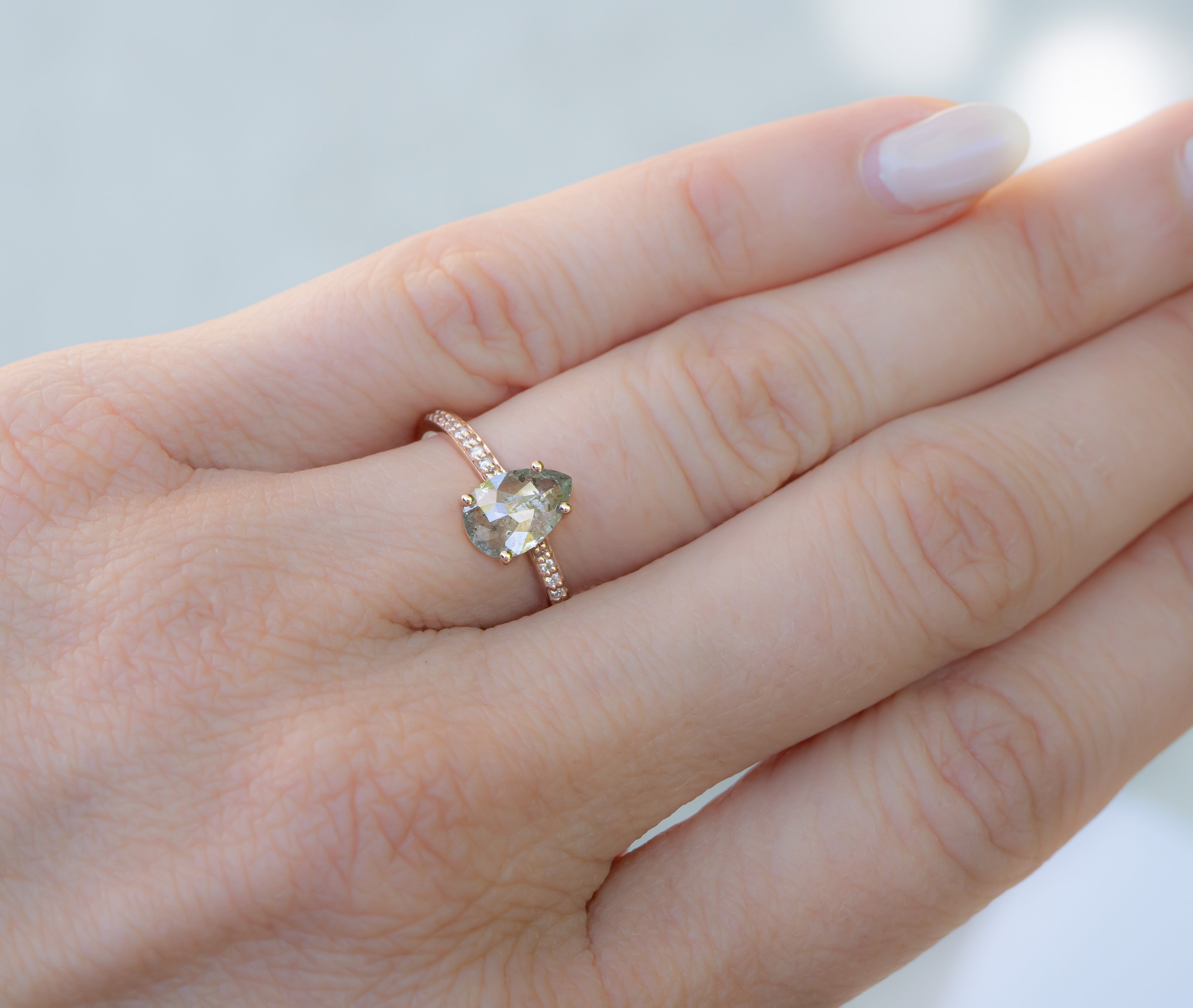 Icy White Salt and Pepper Pear Diamond Ring in Rose Gold, with Pavé Band
