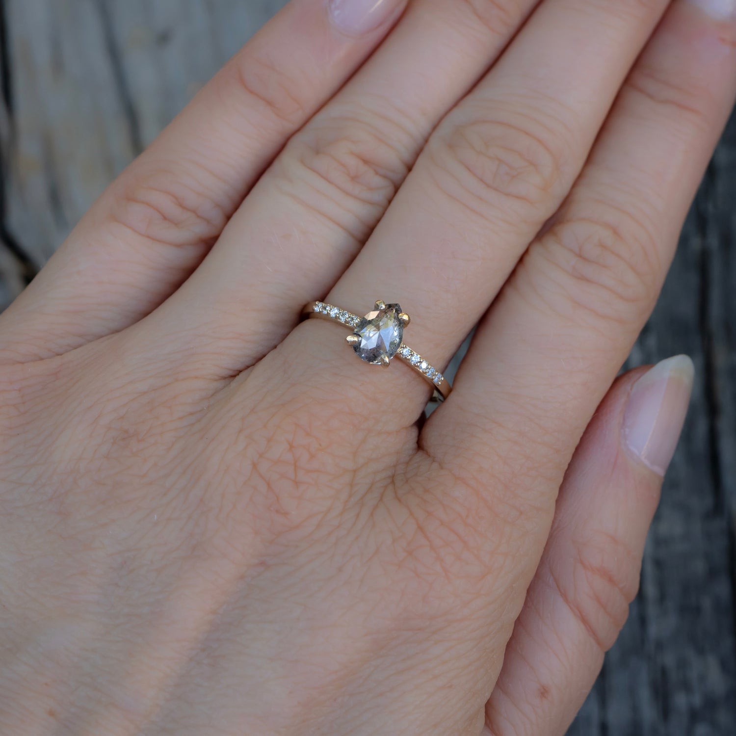 Salt and Pepper Pear Diamond Ring with Diamond Pavé Band - Salt and Pepper Diamond Ring- mossNstone