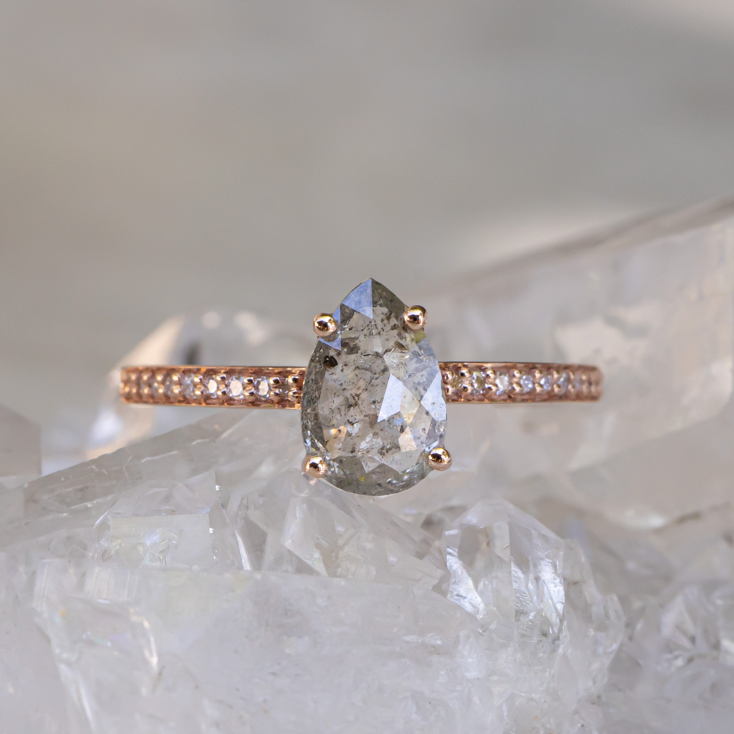 Icy White Salt and Pepper Pear Diamond Ring in Rose Gold, with Pavé Band