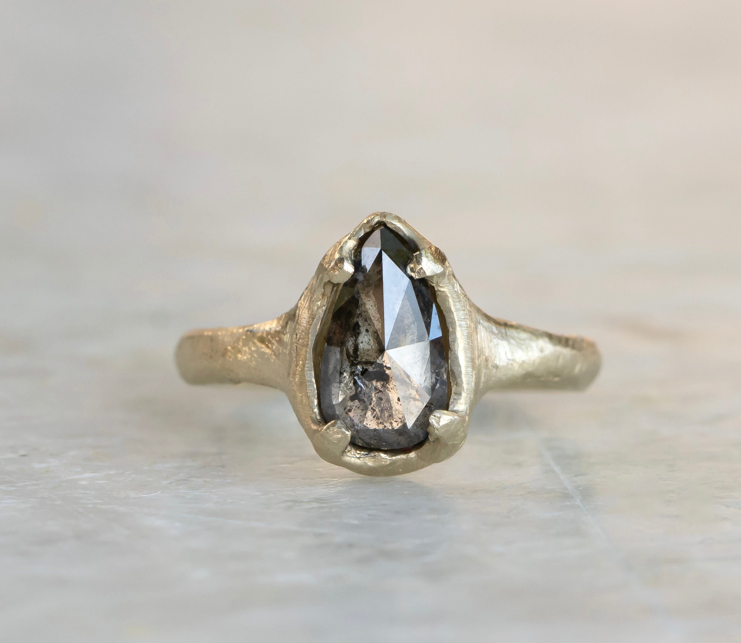 Salt and Pepper Pear Diamond Ring, Hand Carved Boulder Setting - mossNstone