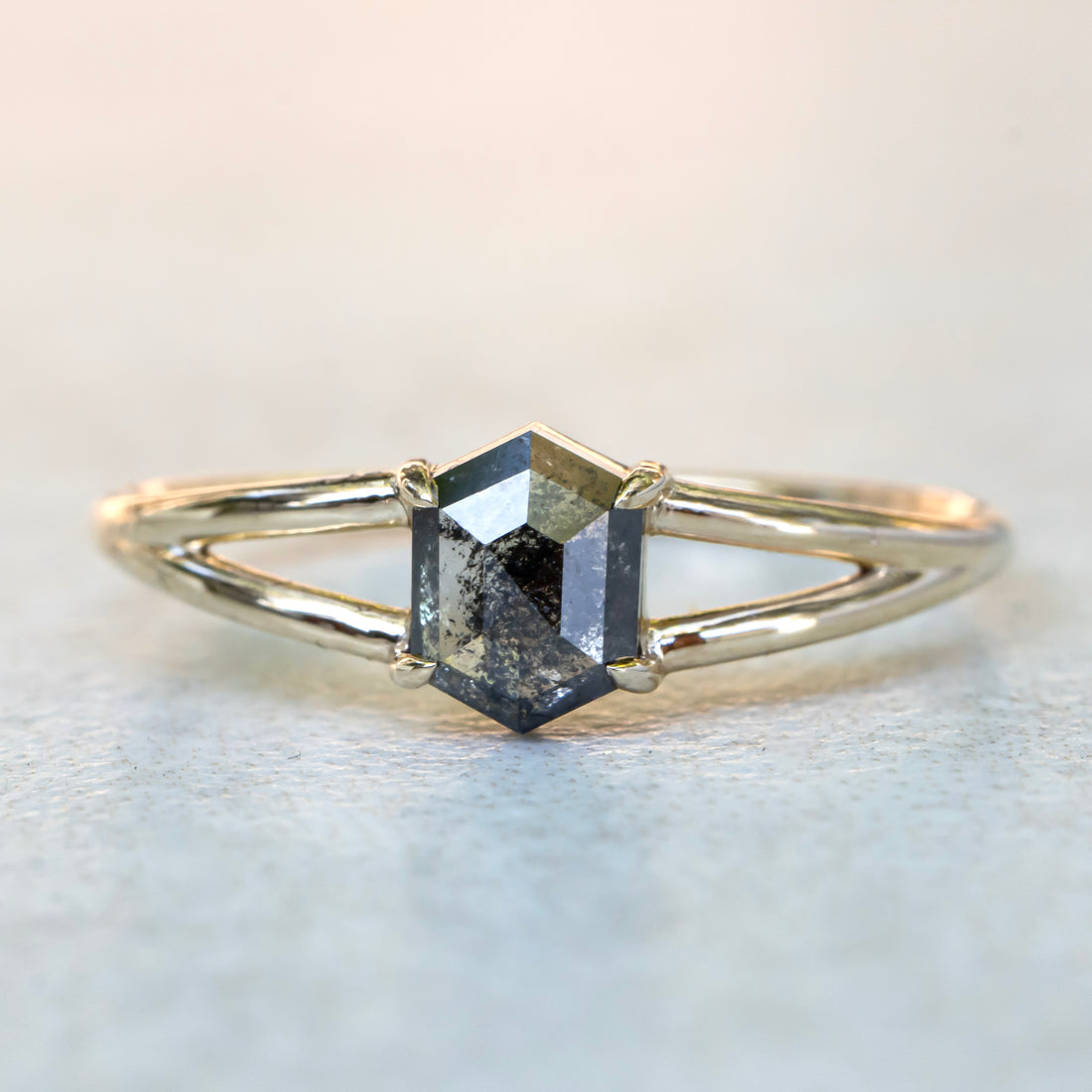 Salt and Pepper Hexagon Diamond Ring