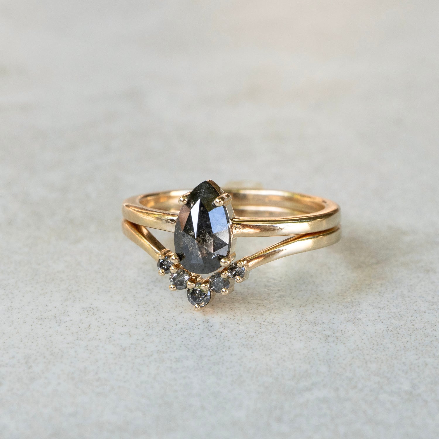 Salt and Pepper Pear Diamond Ring set with stacking band