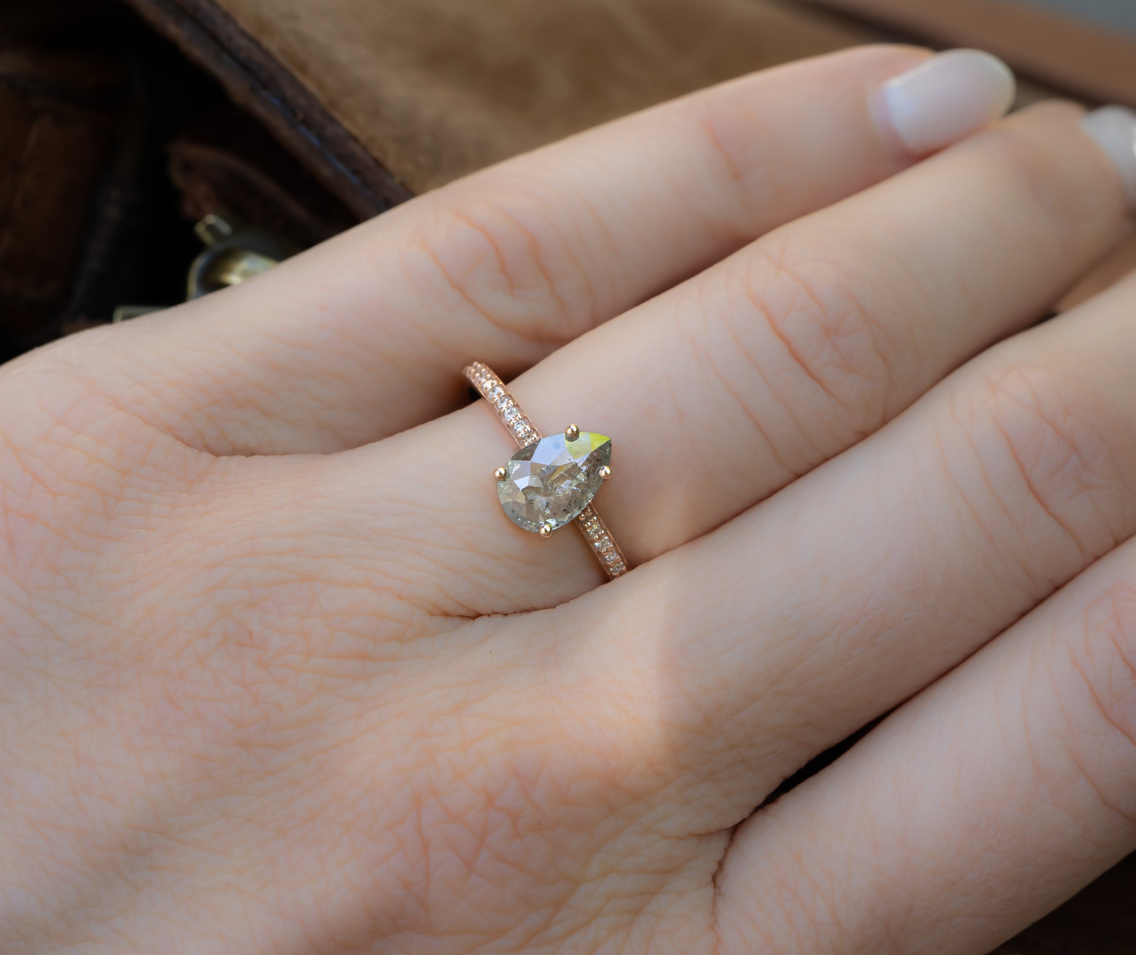 Icy White Salt and Pepper Pear Diamond Ring in Rose Gold, with Pavé Band