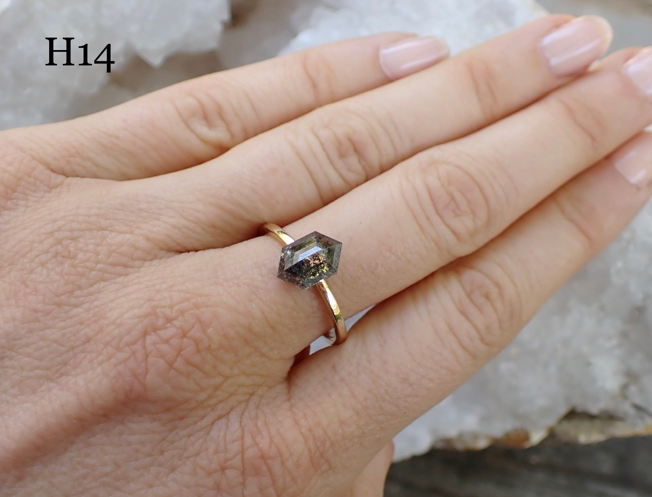 Diamond Viewing • Elongated Hexagon Selections - Salt and Pepper Diamond Ring- mossNstone