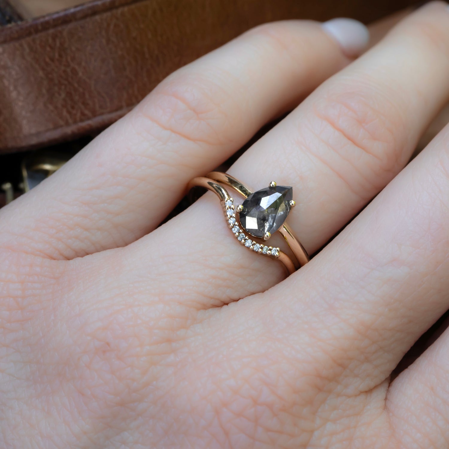 Salt and Pepper Pear Diamond Ring, With Knife Edge Band