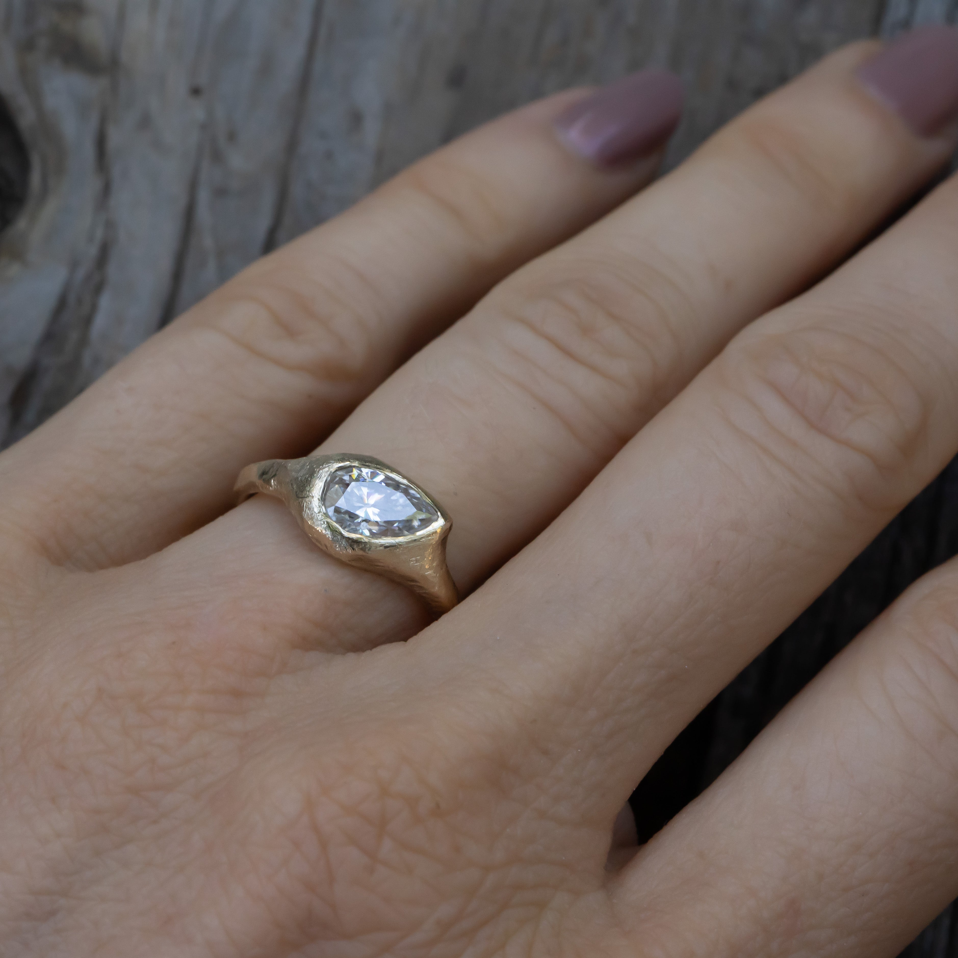 Slanted Pear, Signent Style Diamond Engagement Ring - Salt and Pepper Diamond Ring- mossNstone