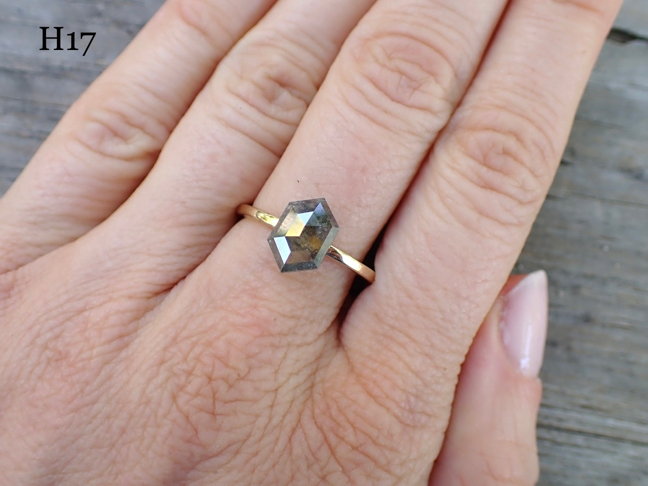 Diamond Viewing • Elongated Hexagon Selections - Salt and Pepper Diamond Ring- mossNstone