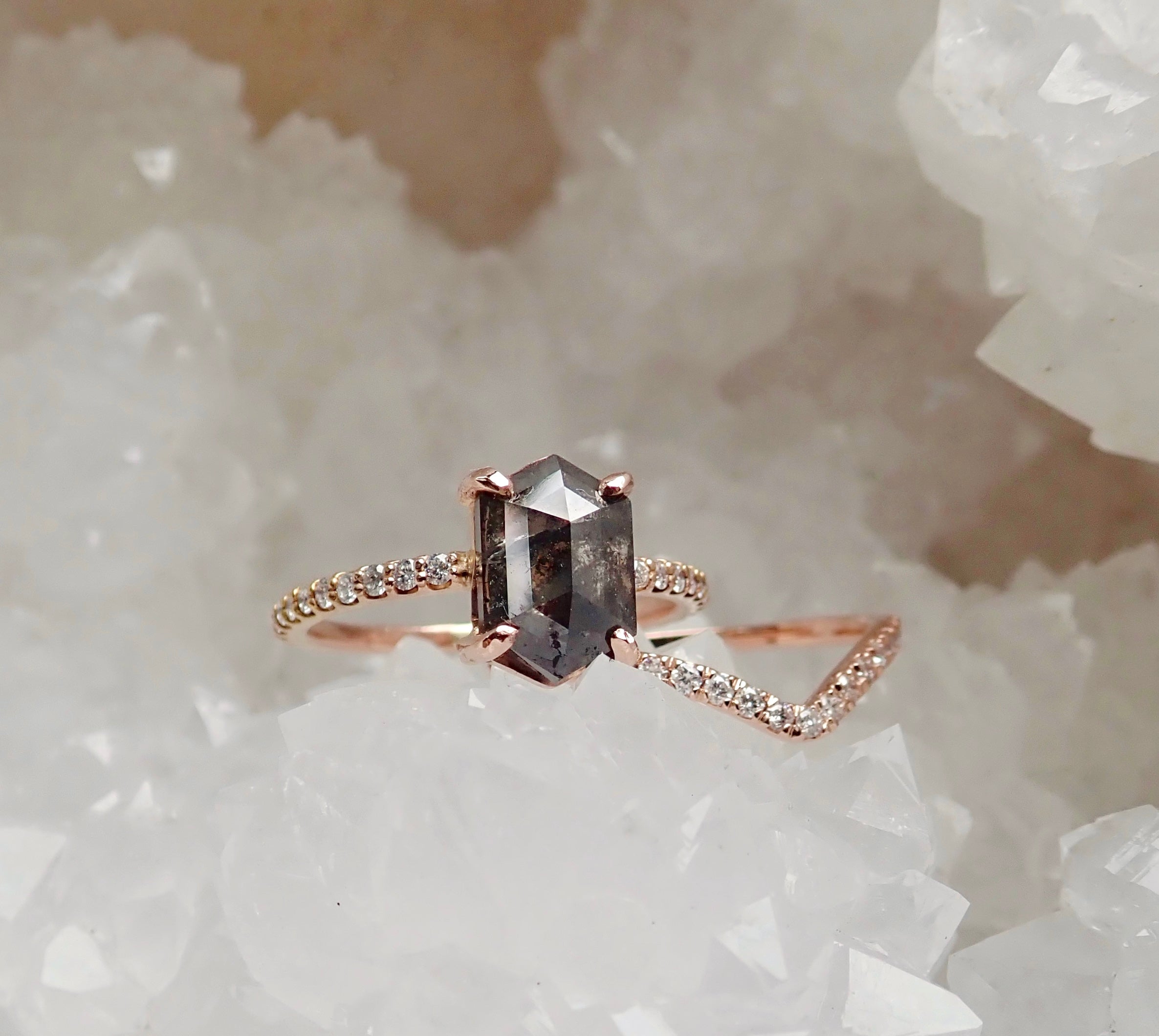 Custom Order for Megan- Elongated Hexagon Cut, Salt and Pepper Diamond Engagement Ring - mossNstone