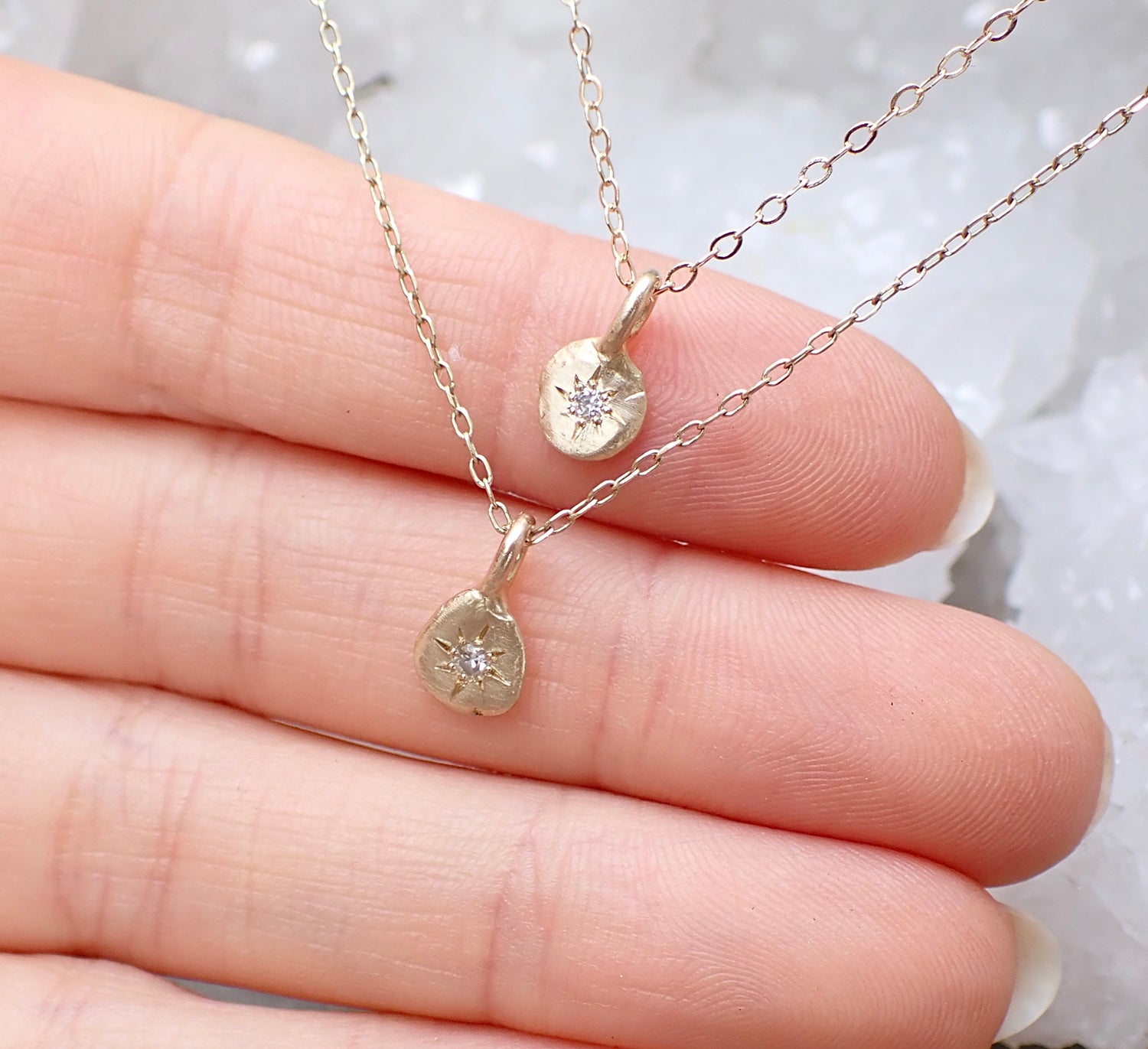 Petite Snowflake Diamond Necklace - Salt and Pepper Diamond Ring- mossNstone