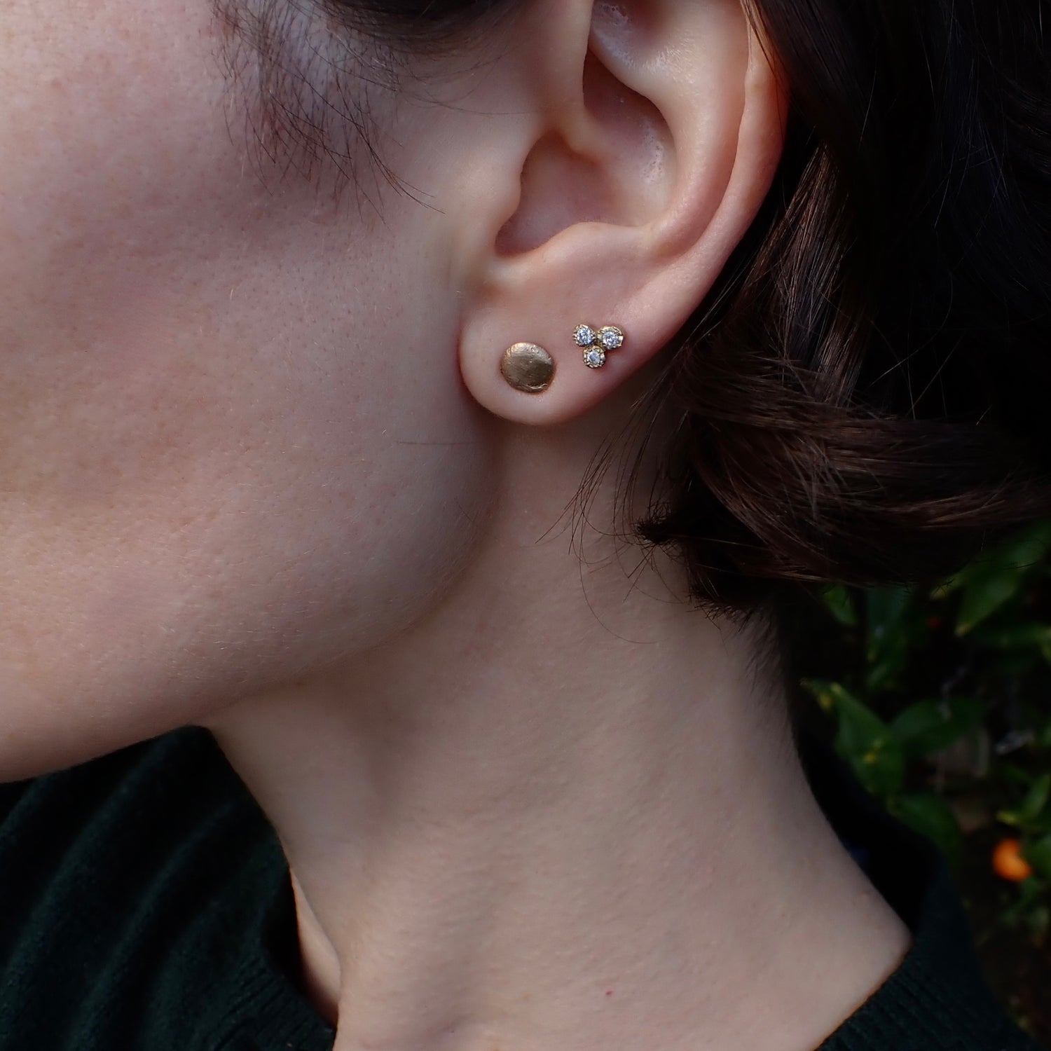 Diamond Trio 14k Organic Gold Studs - Salt and Pepper Diamond Ring- mossNstone