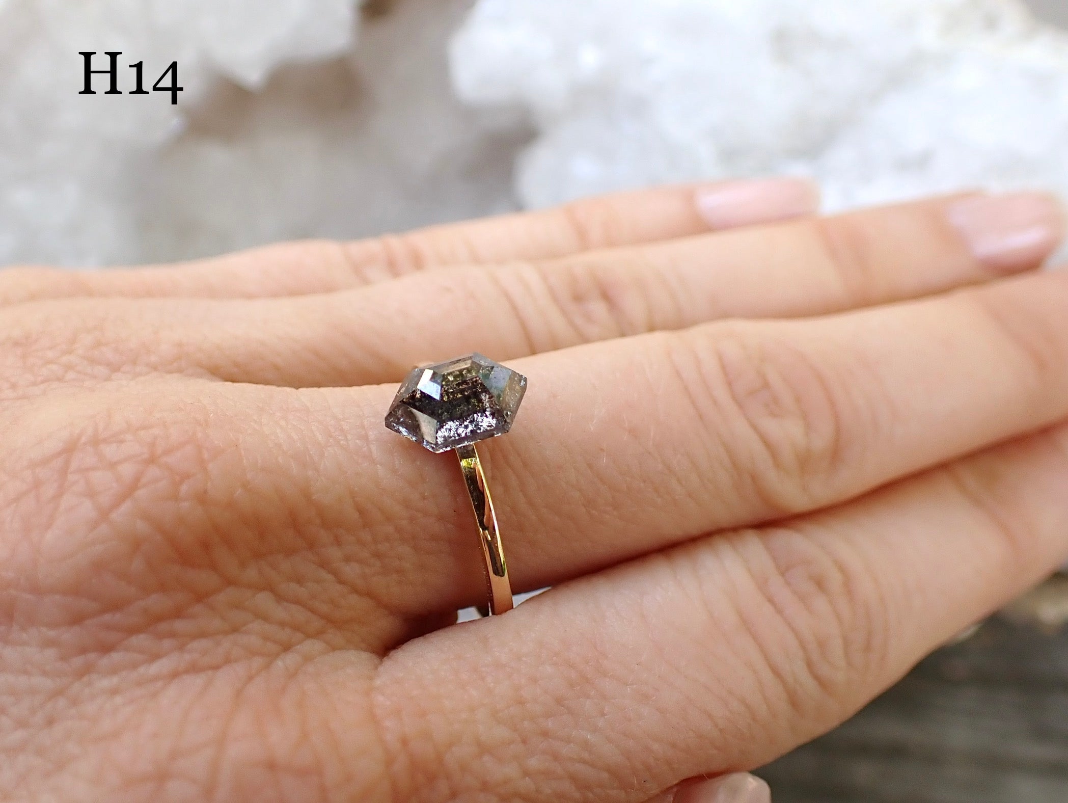Diamond Viewing • Elongated Hexagon Selections - Salt and Pepper Diamond Ring- mossNstone